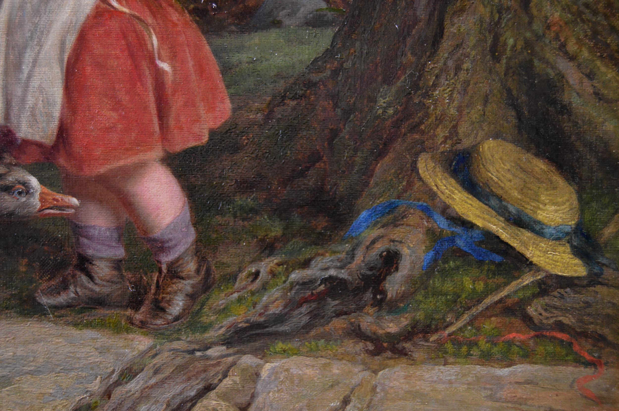 Peinture à l'huile de genre du 19e siècle représentant des jeunes filles avec des oies  en vente 2