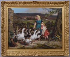 19th Century genre oil painting of girls with geese 