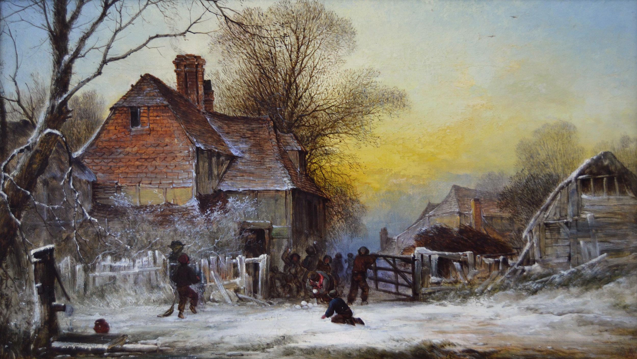 19th Century pair of winter landscape oil paintings  - Brown Landscape Painting by George Augustus Williams