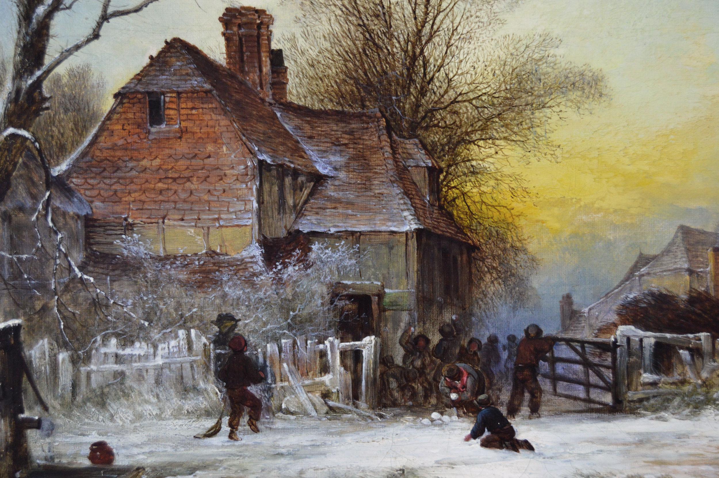 **PLEASE NOTE: EACH PAINTING INCLUDING THE FRAME MEASURES 13.5 INCHES X 19.5 INCHES**

George Augustus Williams
British, (1814-1901)
Winter in the Village & The Snowball Fight
Oil on canvas, pair, both signed with monogram
Image size: 7.5 inches x