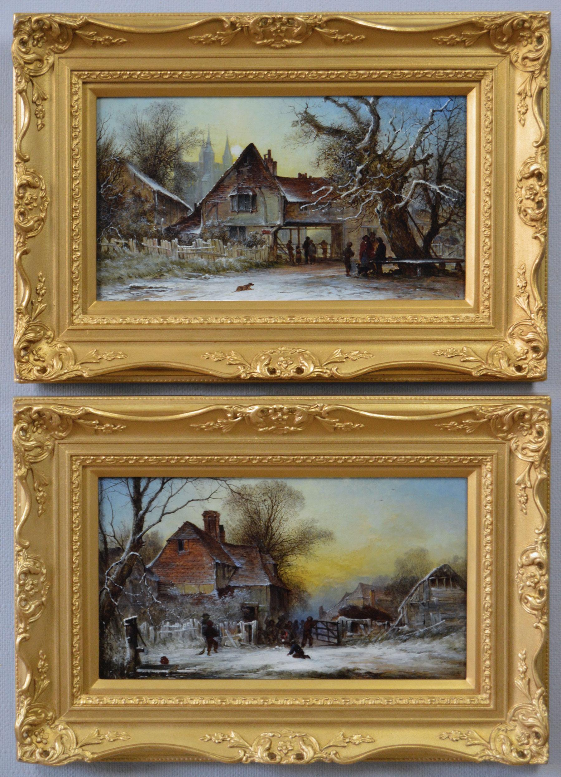 19th Century pair of winter landscape oil paintings 