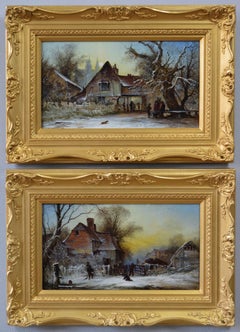 Antique 19th Century pair of winter landscape oil paintings 