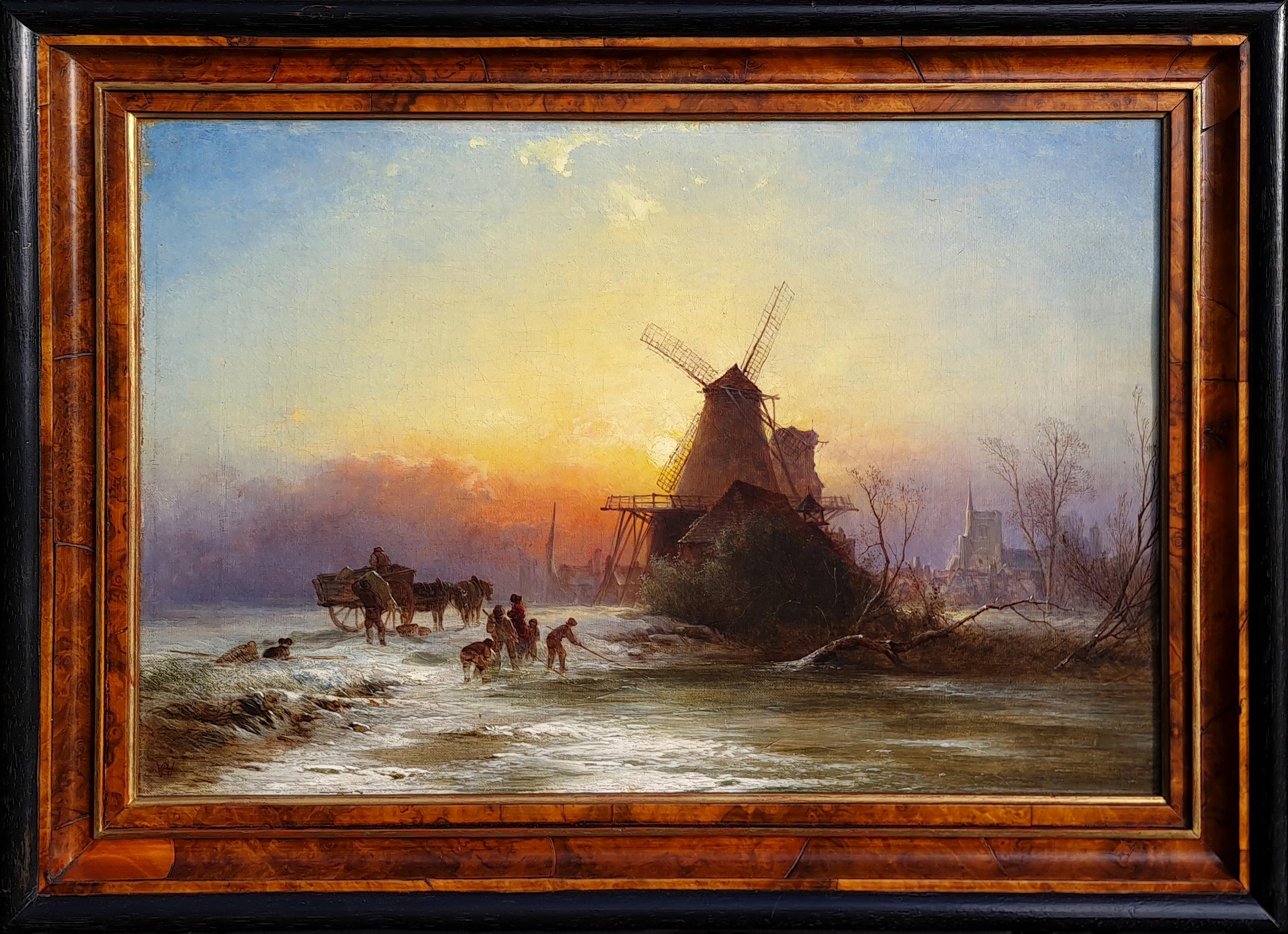 George Augustus Williams Figurative Painting - Sunset Over a Frozen Landscape