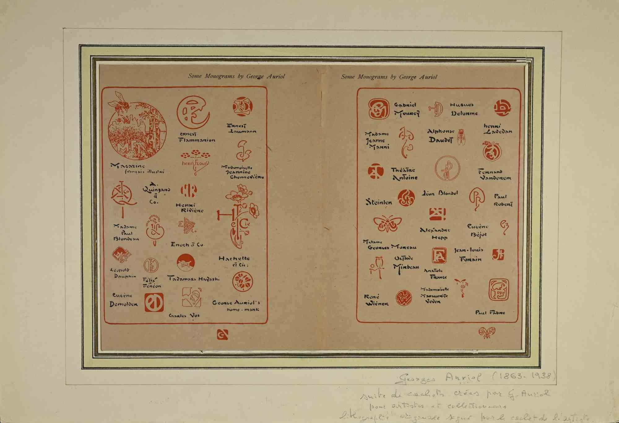 Einige Monogramme ist ein Kunstwerk des französischen Künstlers George Auriol (1863-1935) aus dem frühen 20. Jahrhundert.

Lithographie auf Papier. Signiert in der Platte am linken Rand. Der Künstler stellt eine Reihe von Symbolen dar, die für