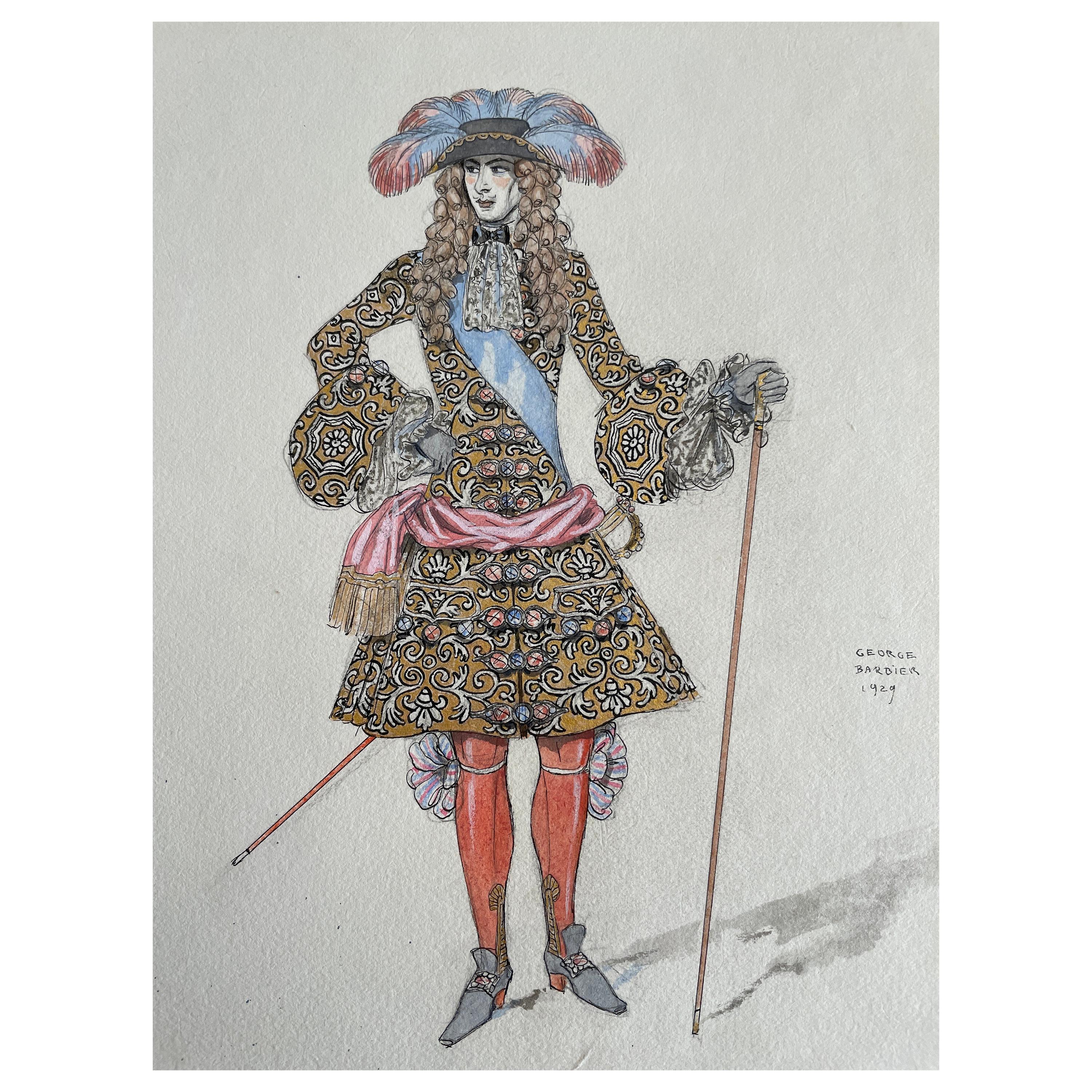 Encre et aquarelle de George Barbier, « Louis XIV », Costume baroque royal de 1929 en vente