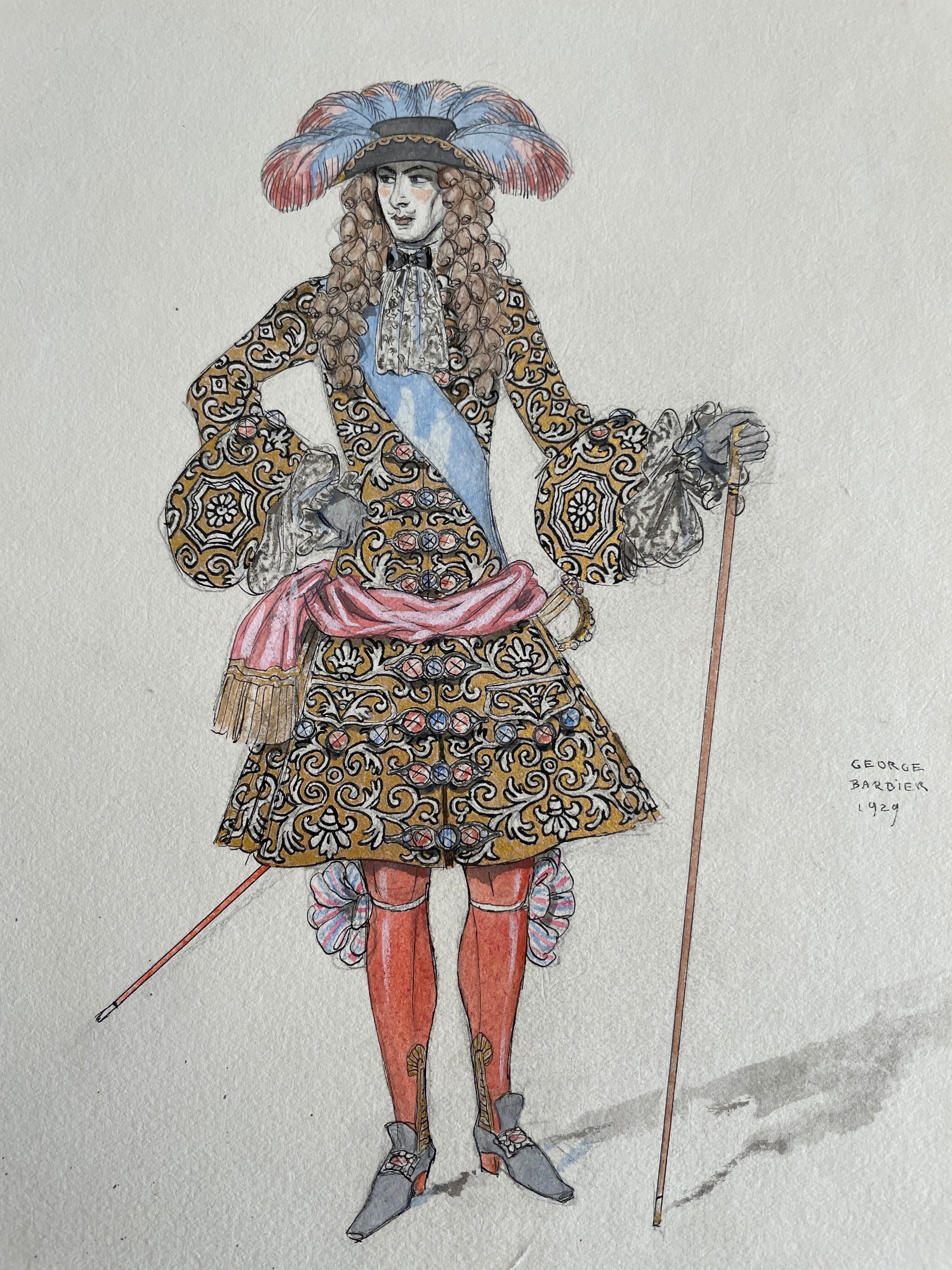 Baroque Encre et aquarelle de George Barbier, « Louis XIV », Costume baroque royal de 1929 en vente