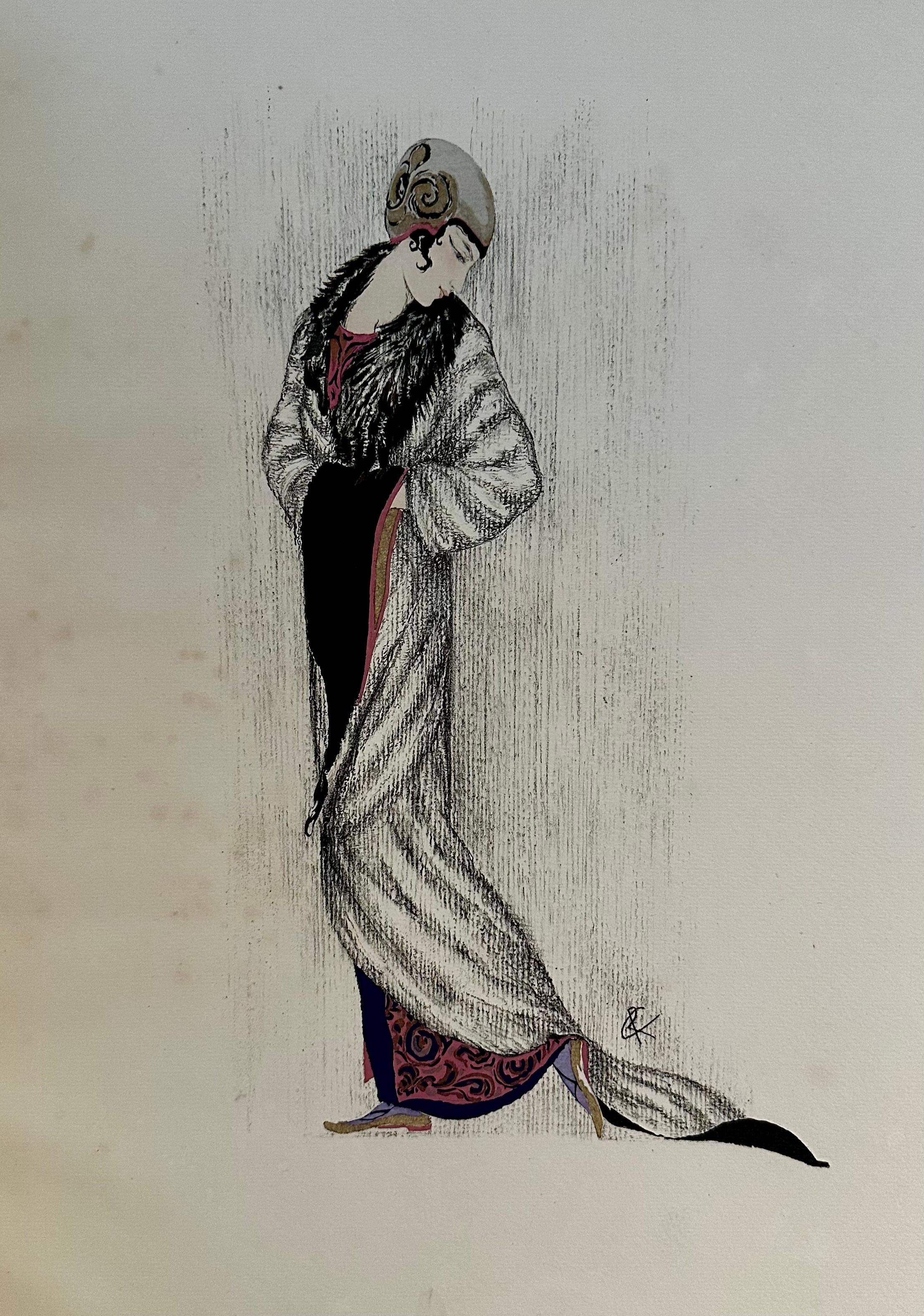 Catálogo ilustrado de los diseños de pieles y abanicos de Paquin de 1911.  Este álbum contiene cuatro diseños de abanicos, tres diseños de pieles y una pequeña ilustración en blanco y negro de Lepape en la portada.  Las siete ilustraciones a caballo