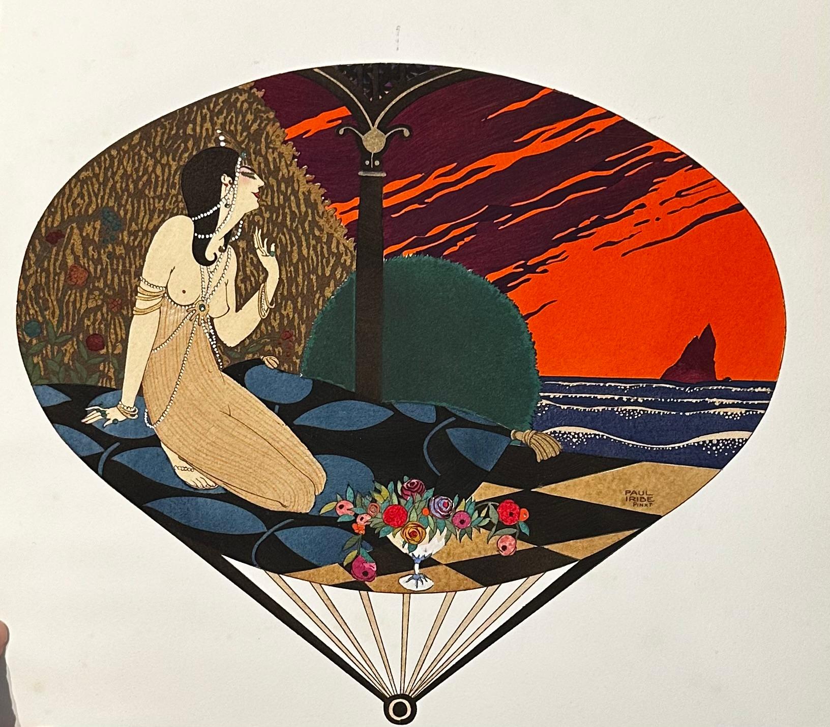 Figurative Print de George Barbier - L'Eventail et la Fourrure chez Paquin