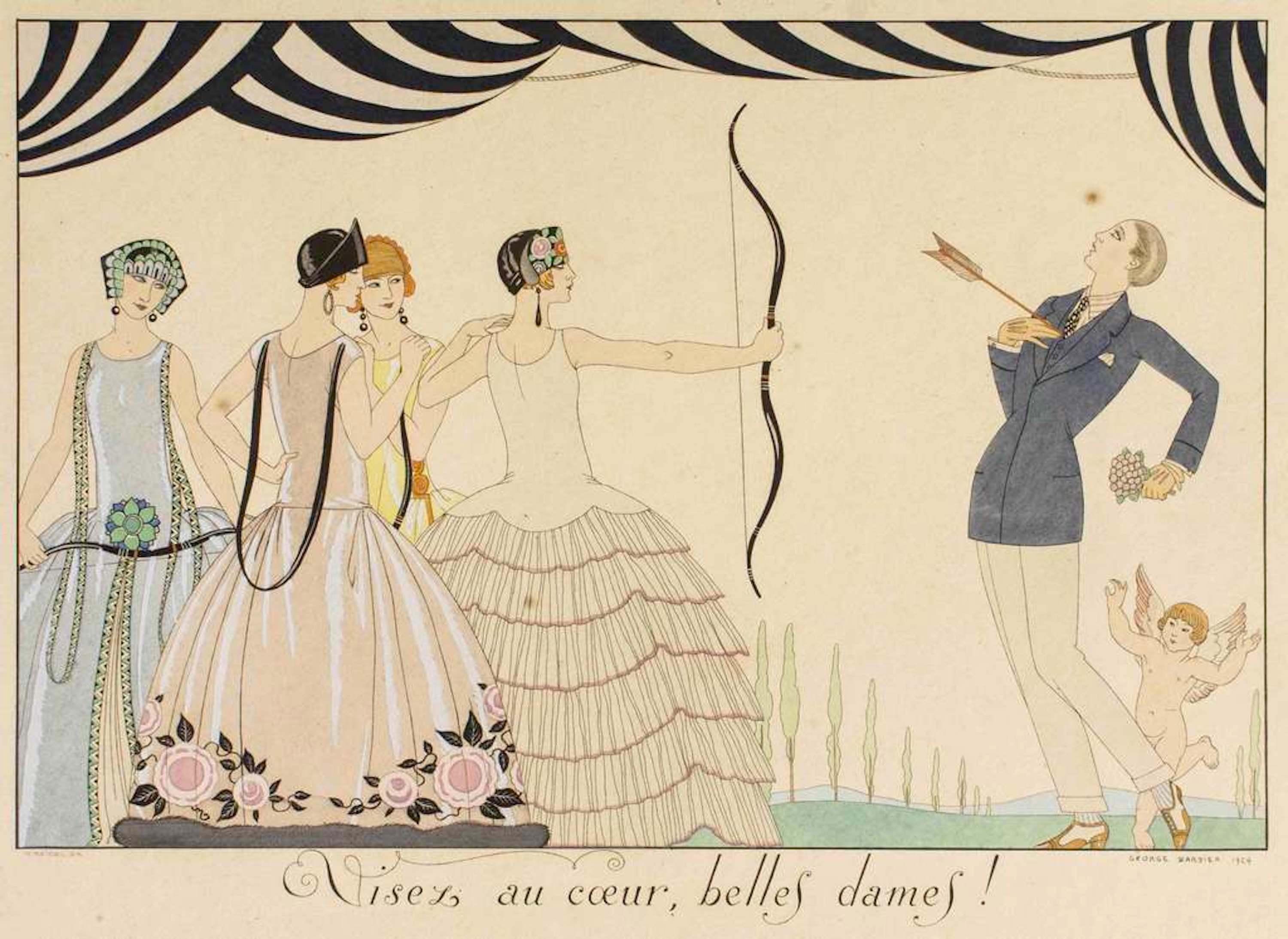George Barbier Figurative Print - Visez au coeur, belles dames - Original Pochoir by G. Barbier - 1920