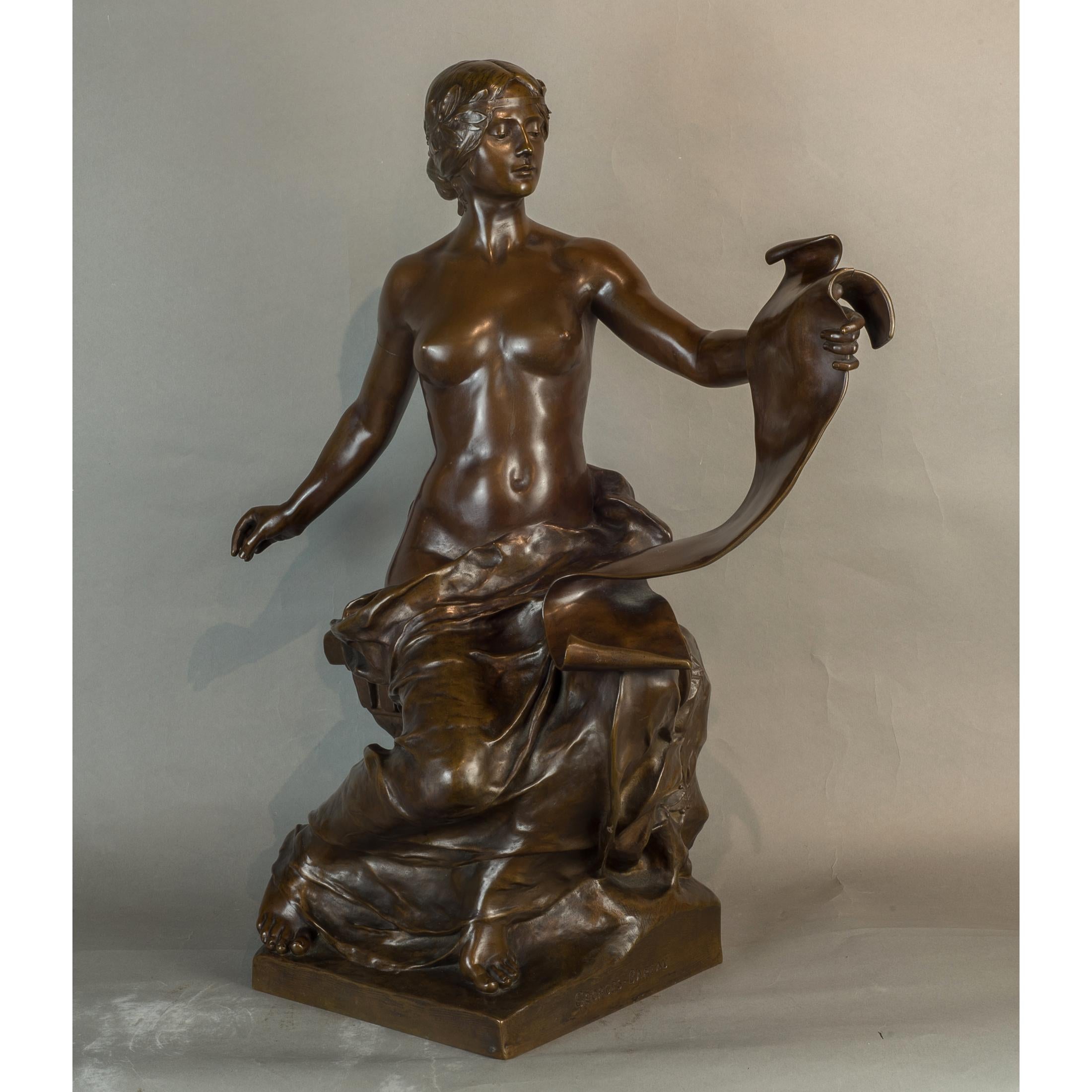 Fine Pair of Patinated Bronze Females by Georges Bareau and Barbedienne Foundry - Gold Figurative Sculpture by George Bareau