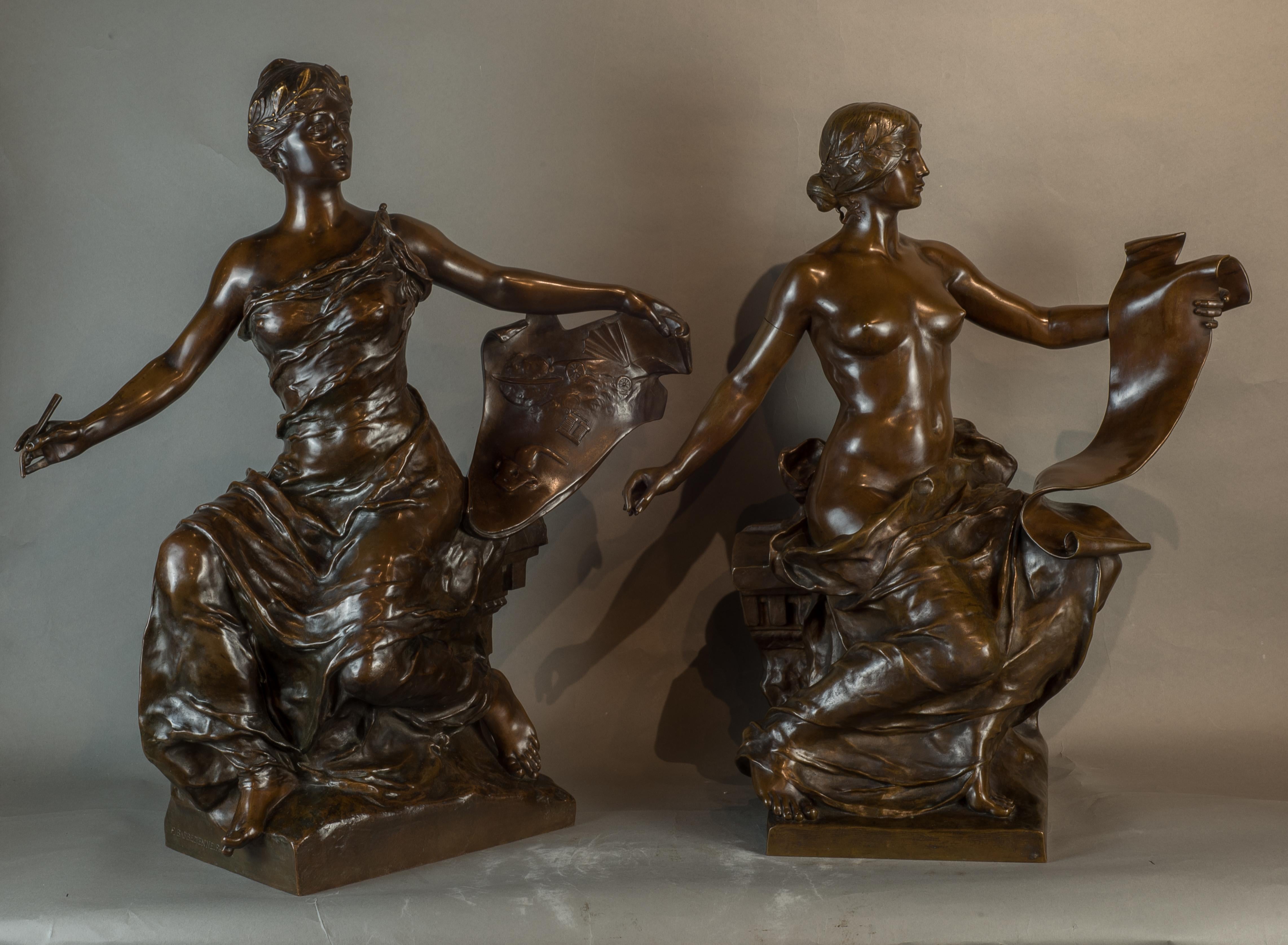 Fine Pair of Patinated Bronze Females by Georges Bareau and Barbedienne Foundry - Sculpture by George Bareau