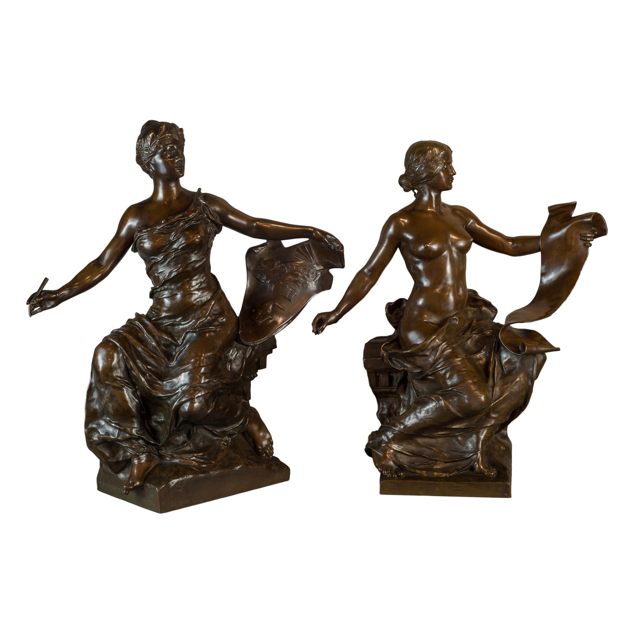 George Bareau Figurative Sculpture - Fine Pair of Patinated Bronze Females by Georges Bareau and Barbedienne Foundry