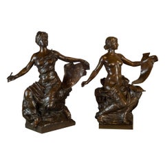 Fine Pair of Patinated Bronze Females by Georges Bareau and Barbedienne Foundry