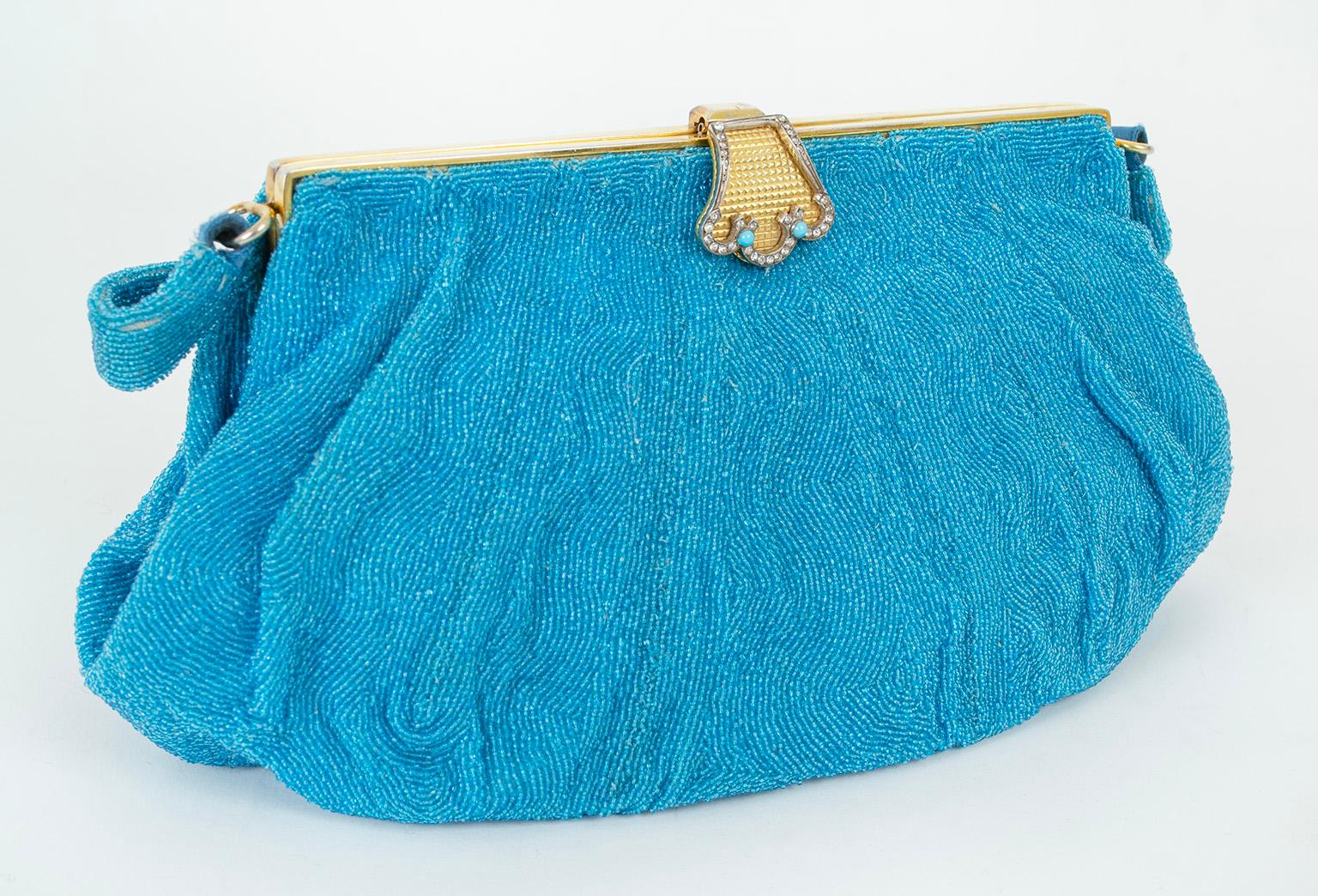 George Baring Turquoise Micro Bead and Jewel Pochette Evening Bag – Paris, 1950s In Good Condition In Tucson, AZ