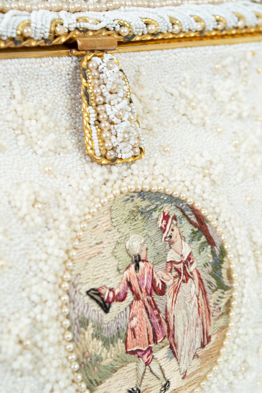 George Baring White Micro Bead Evening Bag w Louis XVI Needlework– Paris, 1950s 5