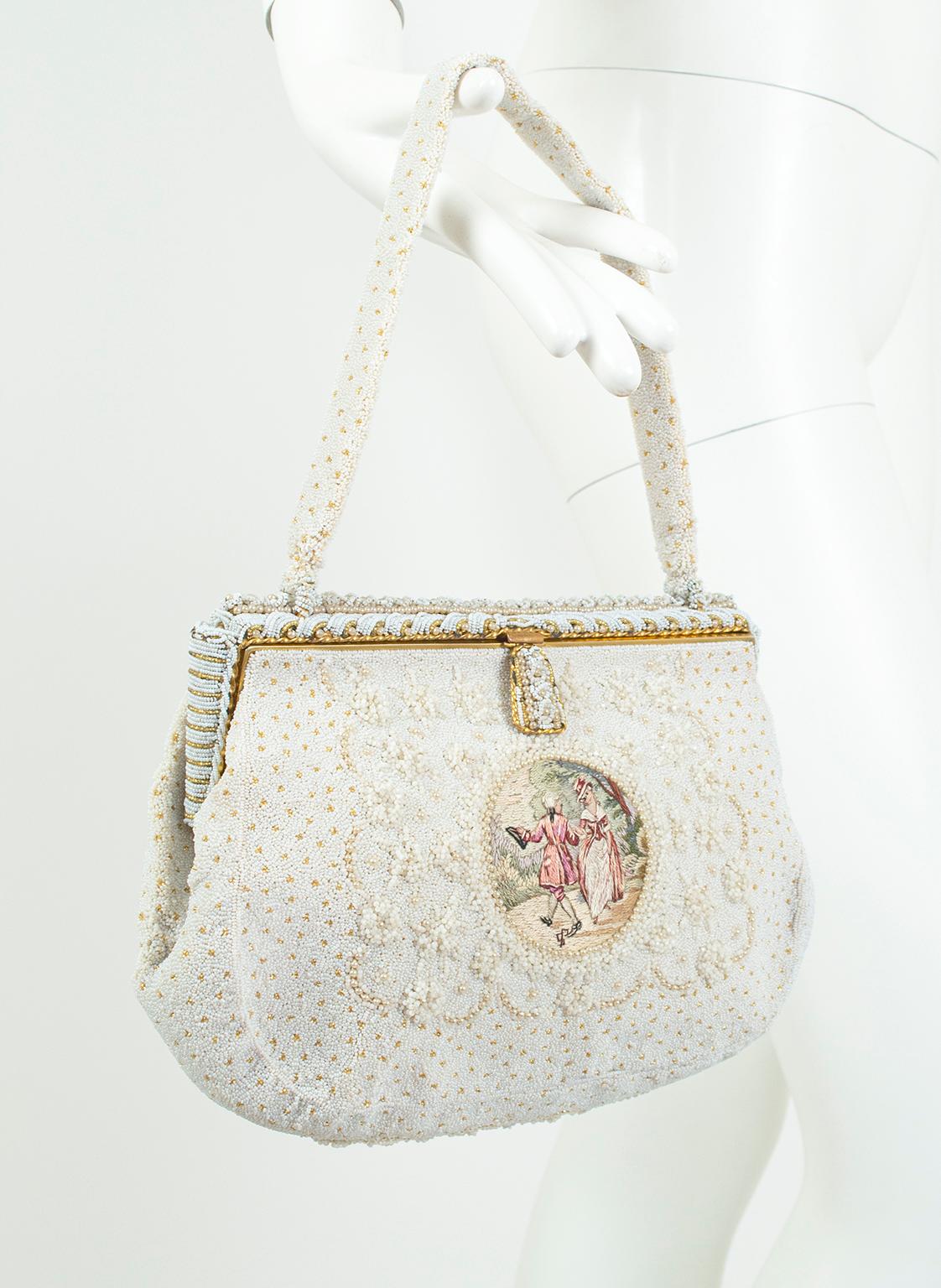 Regal and elegant, this evening bag combines .5 mm white micro beads with clusters of gold beads to resemble the ermine furs favored by kings. Studded with 1 mm seed beads and pearls for texture, its focal point is the round needlepoint,