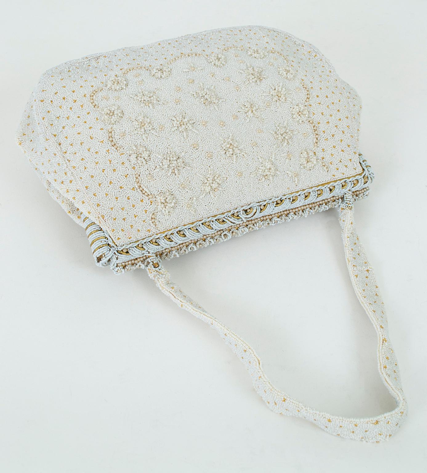 George Baring White Micro Bead Evening Bag w Louis XVI Needlework– Paris, 1950s In Good Condition In Tucson, AZ