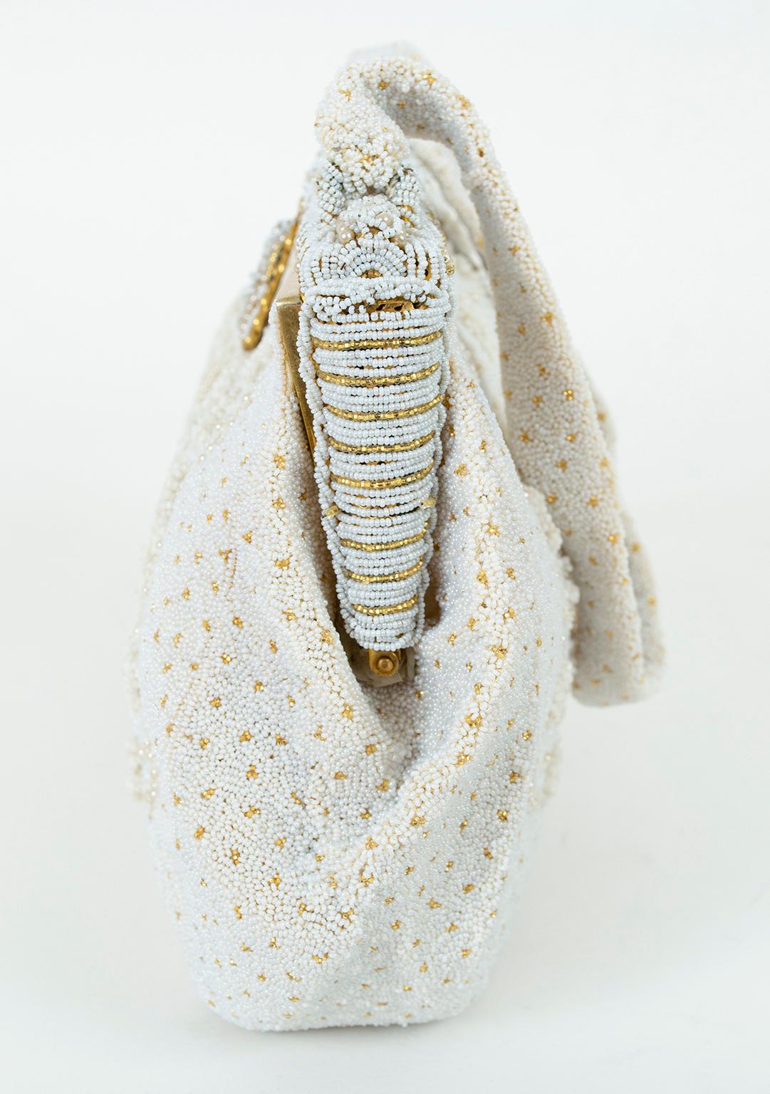 Women's George Baring White Micro Bead Evening Bag w Louis XVI Needlework– Paris, 1950s