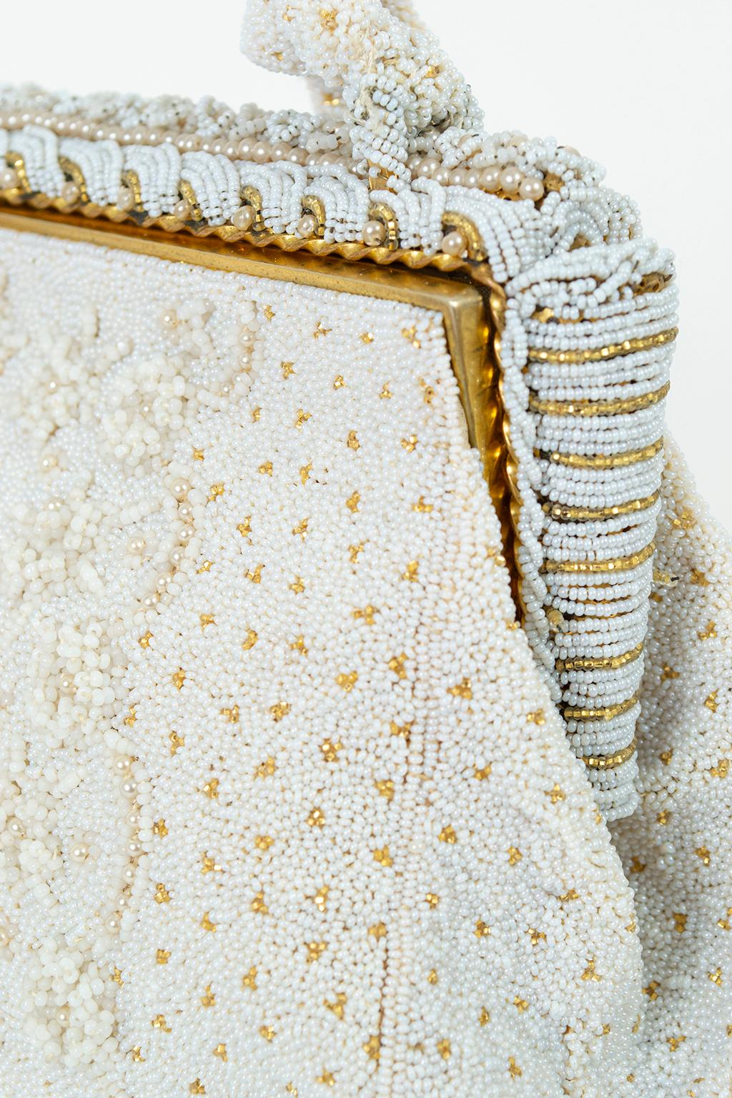 George Baring White Micro Bead Evening Bag w Louis XVI Needlework– Paris, 1950s 3