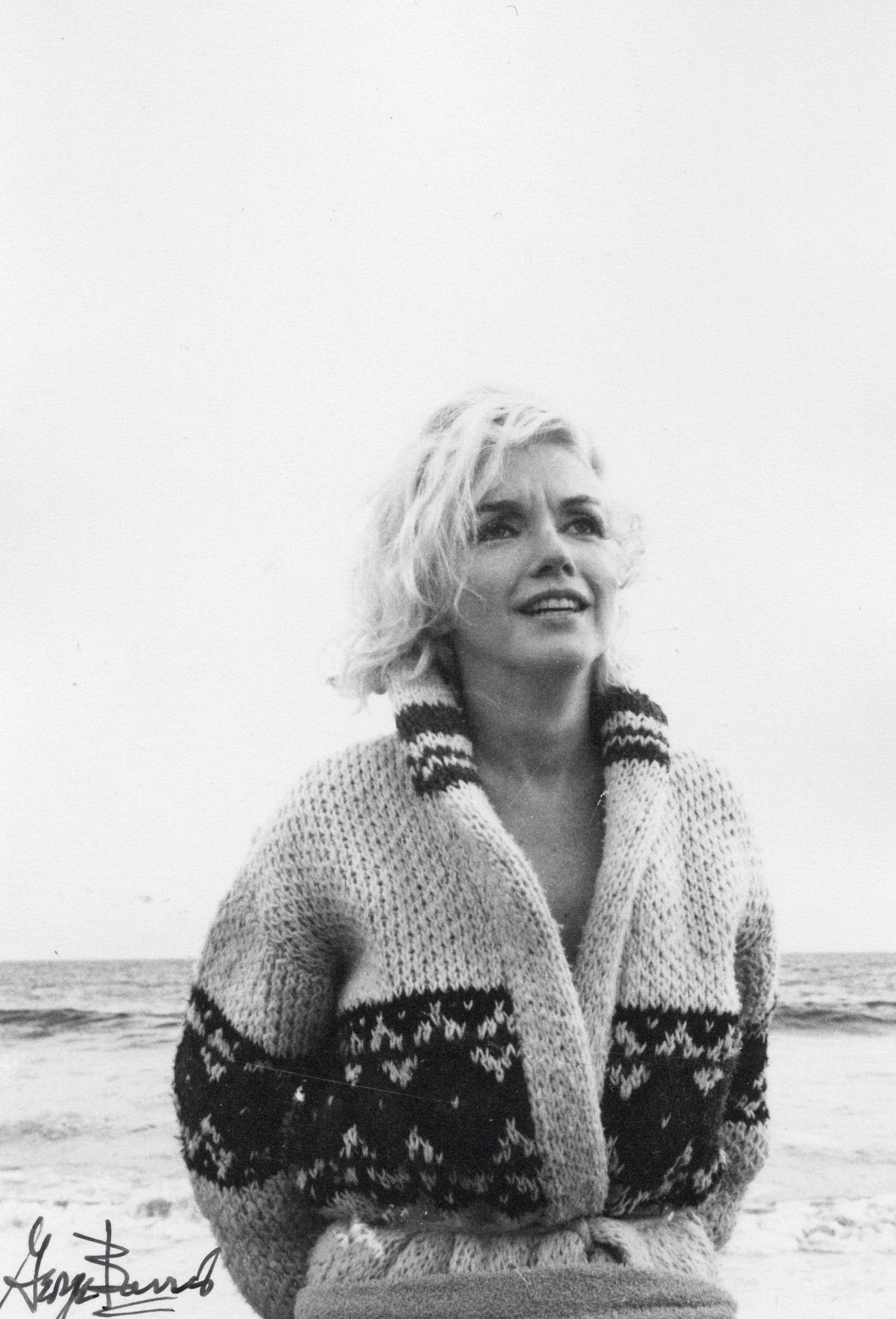 George Barris Black and White Photograph - Marilyn Monroe in Knit Sweater on the Beach Vintage Original Photograph