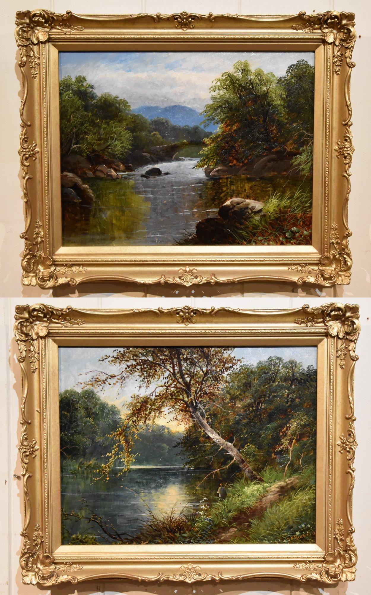 Oil Painting Pair by George Batista Yarnold "Evening by the River" 1851 - 1895Yarnold was a South London painter of waterfalls and riverscapes. His father was a comedian and his mother was Spanish. Both oil on canvas, one signed

Dimensions unframed
