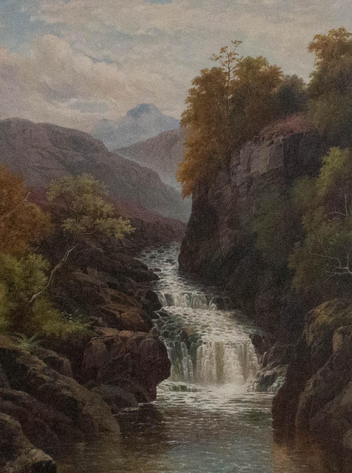 A truly impressive late 19th Century (c.1870) Welsh landscape in oil This painting, in remarkable condition and of impressive size, shows a a rocky, stepped waterfall on the River Llugwy in Snowdonia. The rocky banks and cliffs around the river are