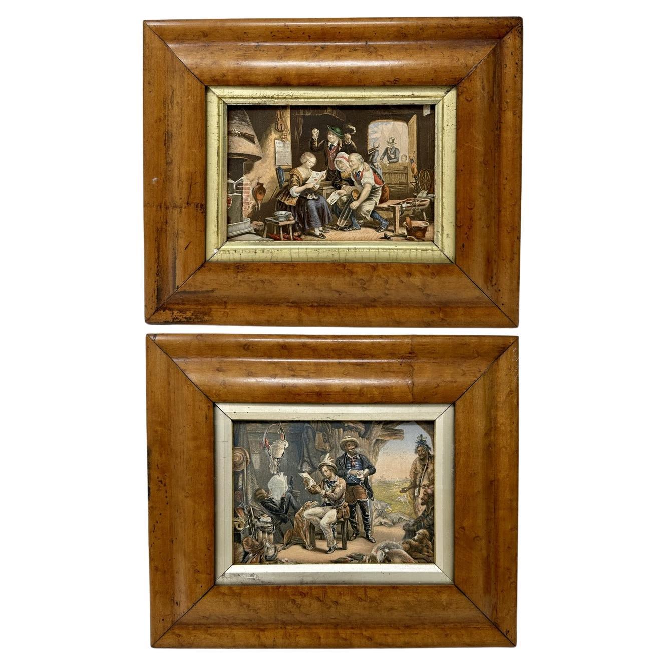 George Baxter Antique Pair Hand Colored Print Engraving Birds Eye Maple Frames For Sale