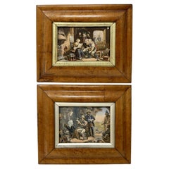 George Baxter Antique Pair Hand Colored Print Engraving Birds Eye Maple Frames