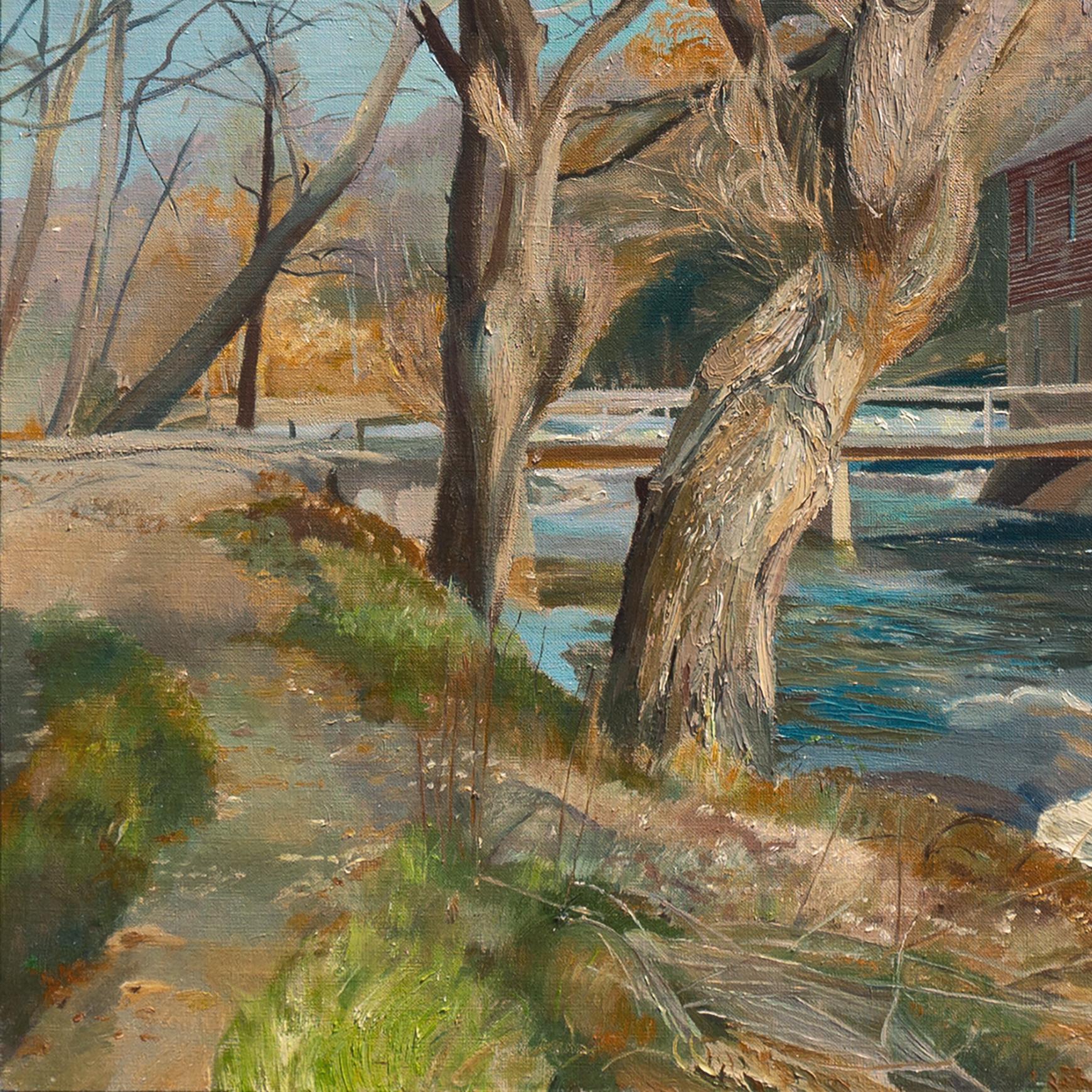 Signed lower right, 'George L. Beidler' (American, 1917-1981) and dated 1956. Additionally signed, verso, on stretcher bar and titled on artist label, 'Old Minisink Mill, Marshall's Creek, Pennsylvania' with artist address. 

Known also as