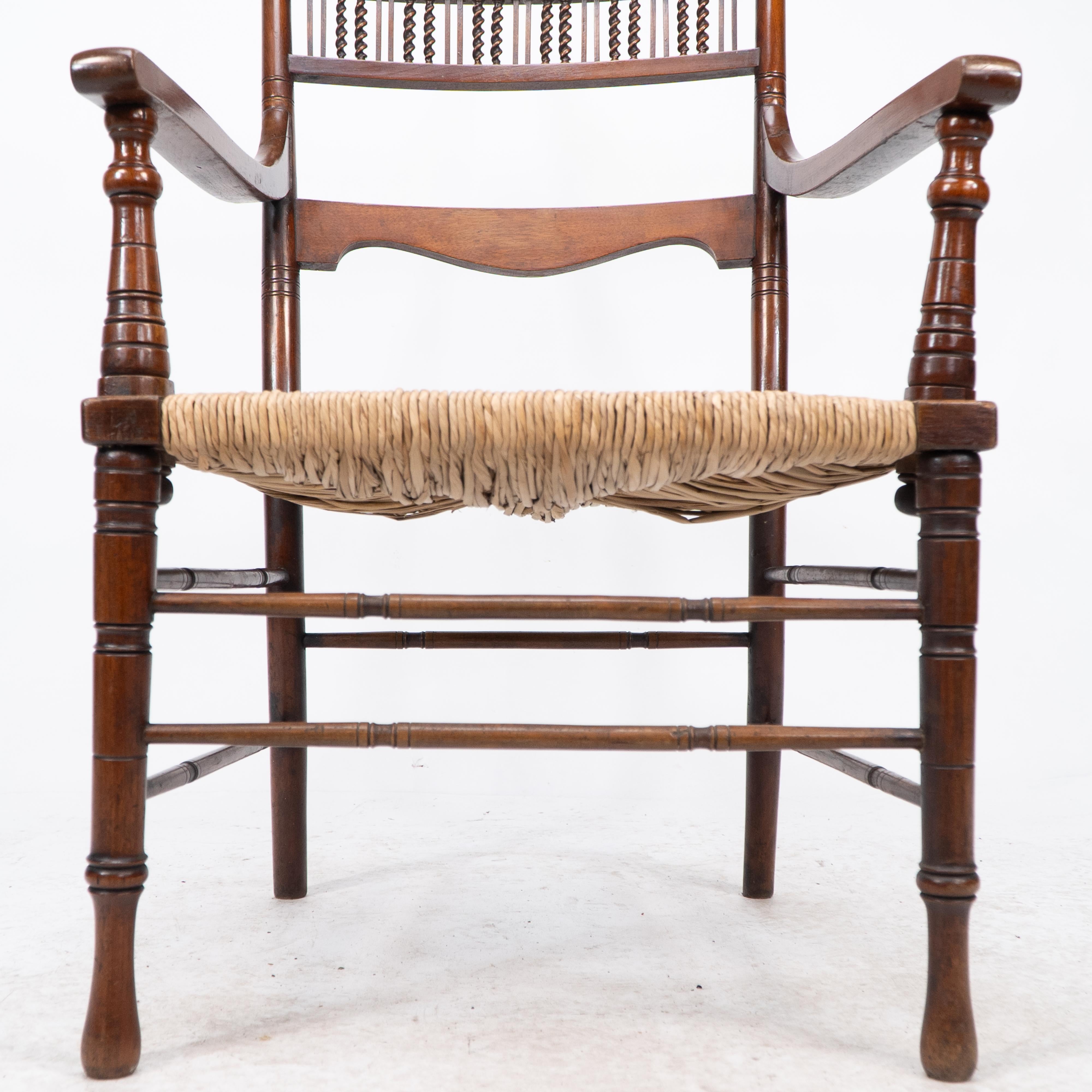George Bell & George Freeth Roper Aesthetic Movement Walnut rush seat armchair. For Sale 11