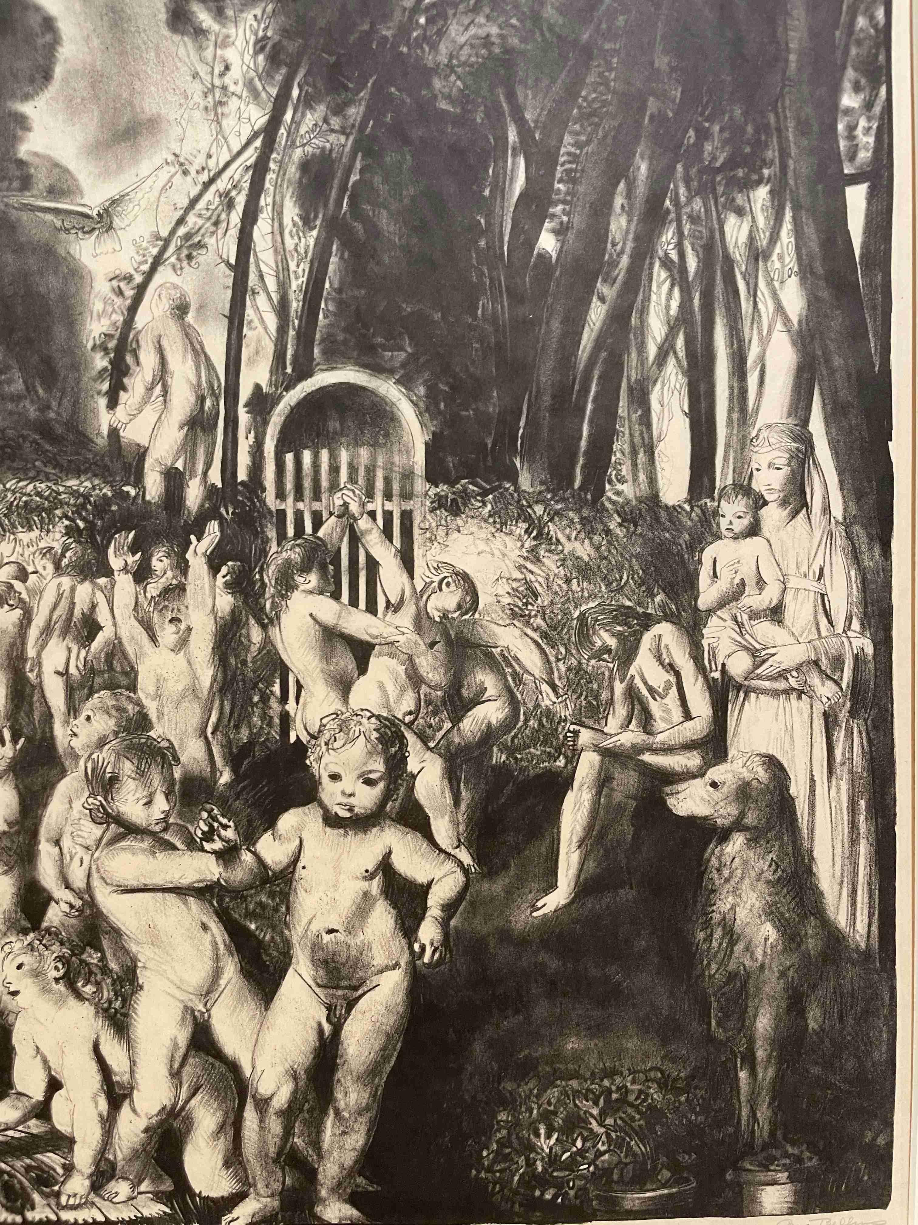 A lithograph on paper by George Bellows, titled The Garden of Growth, from the “Men Like Gods” Series.
 
Full margins. Edition of 40. Signed and titled in pencil, lower margin, and signed and inscribed 