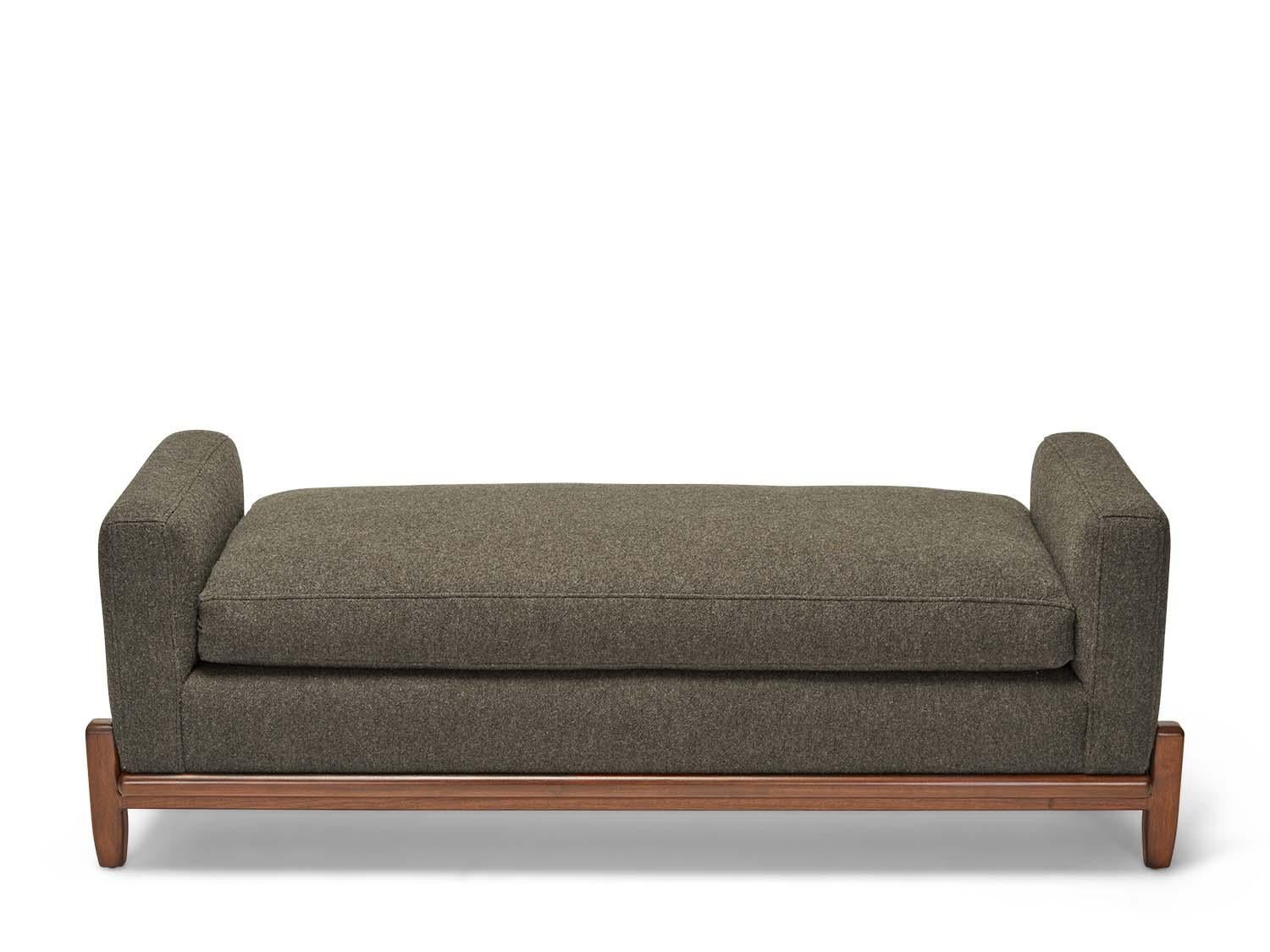 The George bench is part of the collaborative collection with interior designer Brian Paquette. The low profile silhouette sits above a sculpted solid wood base. This piece is available in exclusive BP for LF finishes as well as the standard