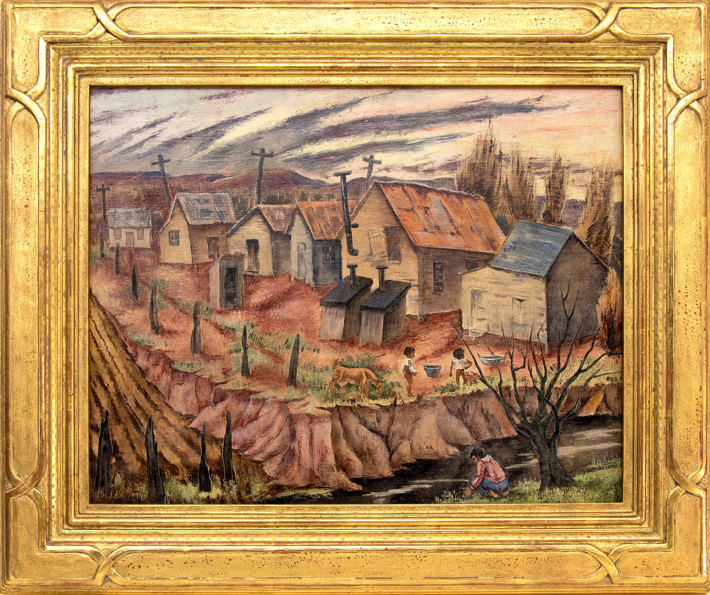 George Biddle Abstract Painting - Hooverville by Day (Colorado), 1940s Signed Oil Landscape Painting Neighborhood