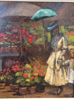 Scena impressionista francese del mercato dei fiori con figure Eleg