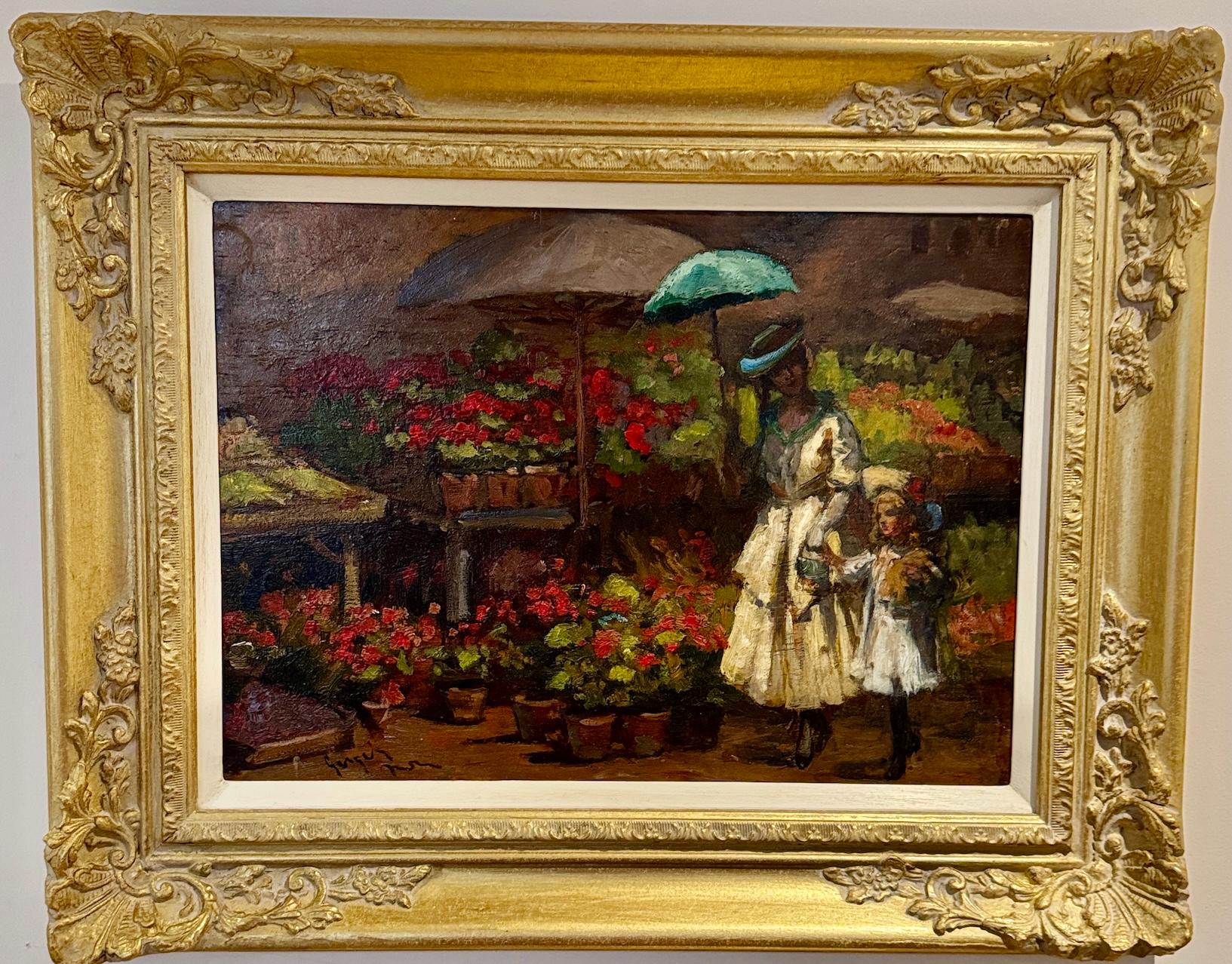 French Impressionist French Flower Market scene with Elegant figures