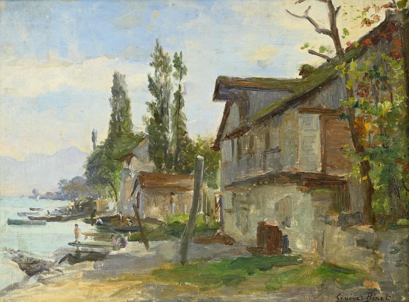 Village au bord du lac - Painting by George Binet
