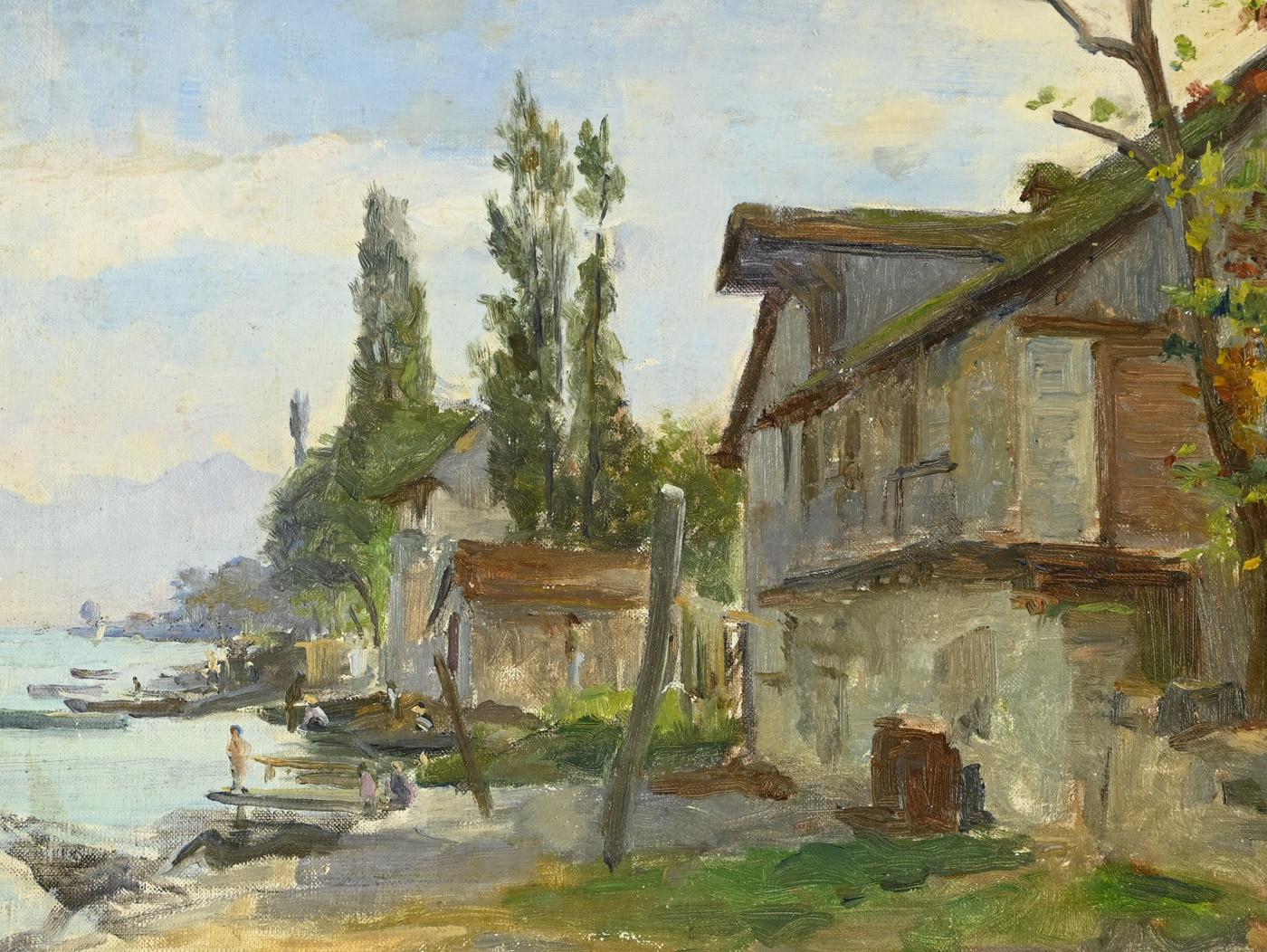 Village au bord du lac - Impressionist Painting by George Binet