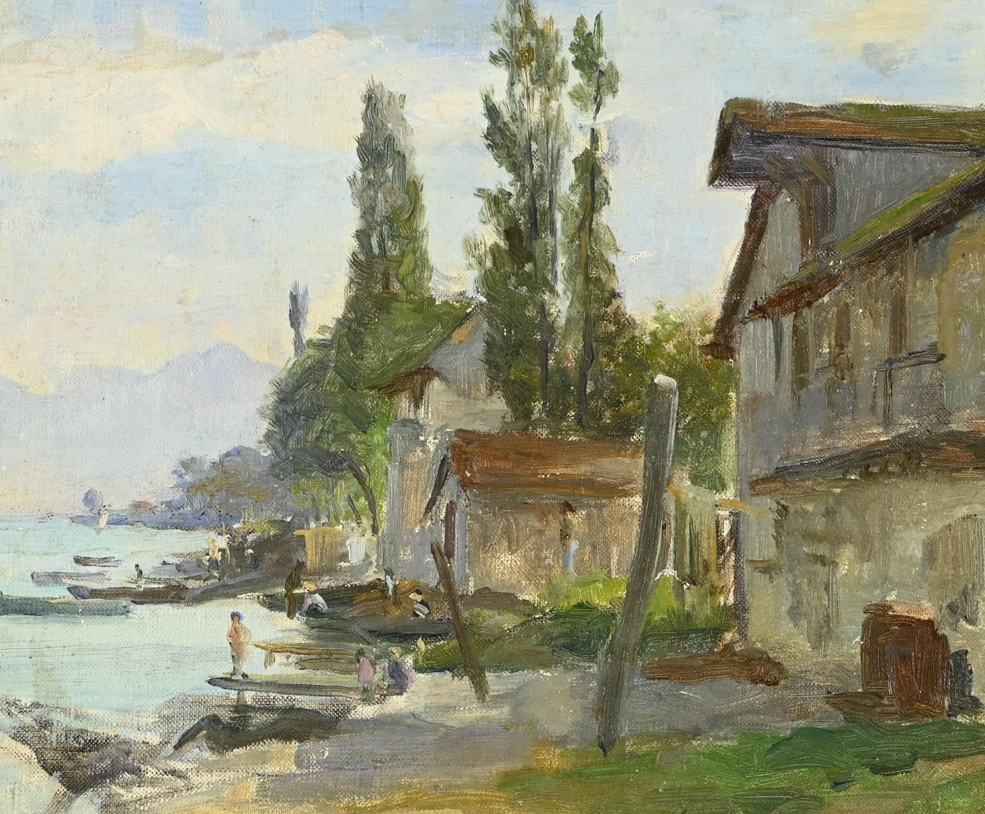 Village au bord du lac - Brown Figurative Painting by George Binet