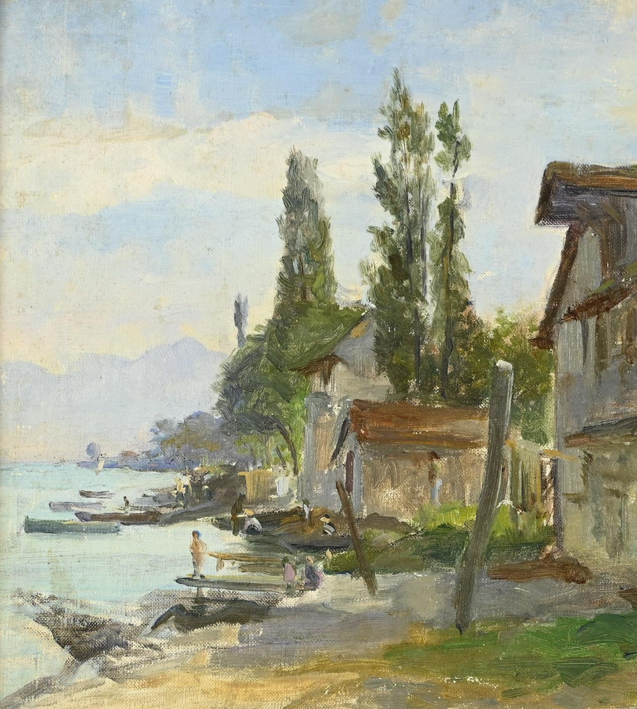 Georges BINET (1865-1949)
 
Village au bord du lac

Oil on canvas mounted on panel Dimensions: 25 x 33 cm 
Signed in the lower right corner 
Painting in good condition. 
Recently cleaned and varnished Antique frame included 
Dimensions with frame: