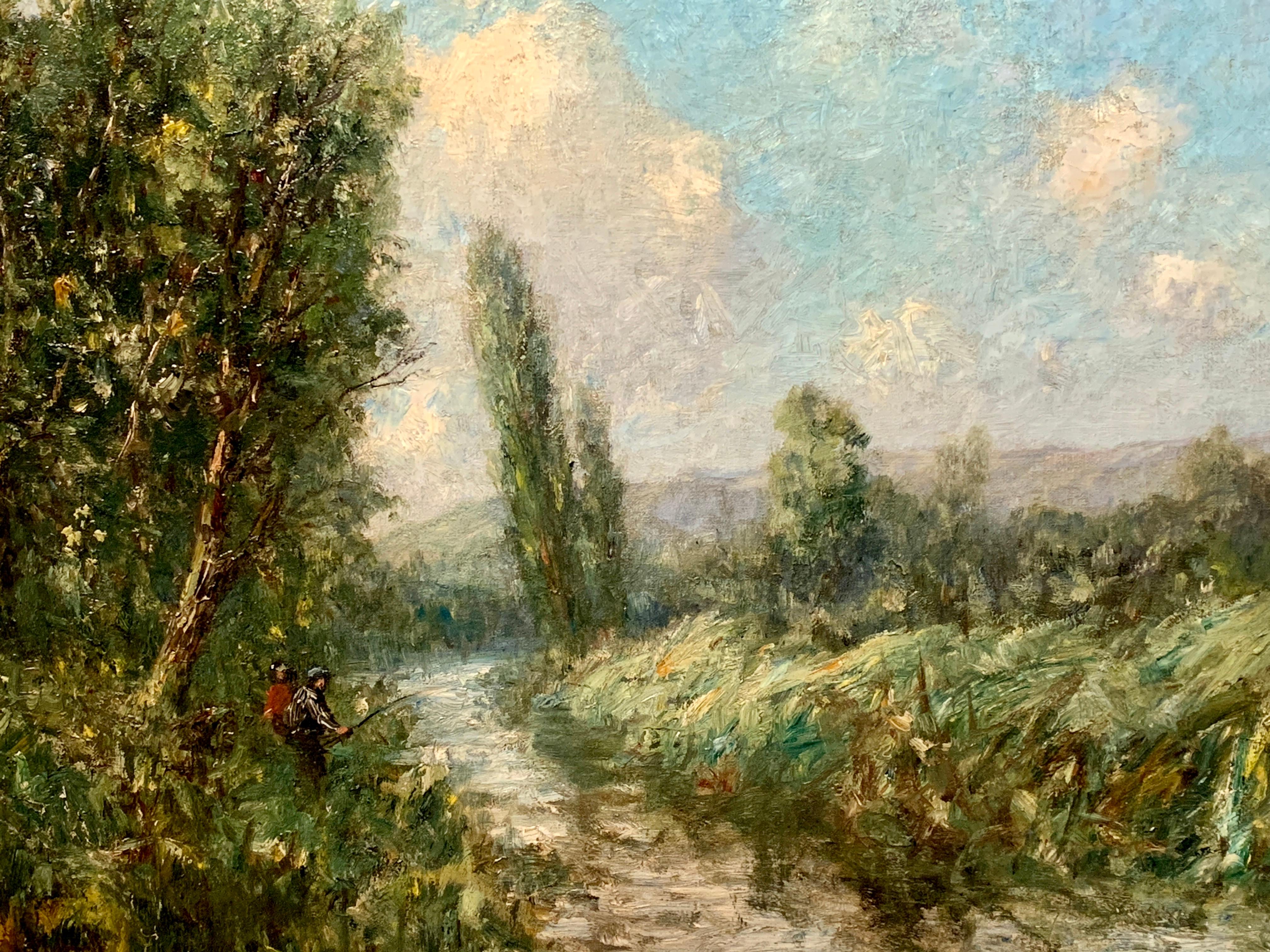 French impressionist landscape, Barbizon forest, Paris with river and cows - Painting by George Boyle