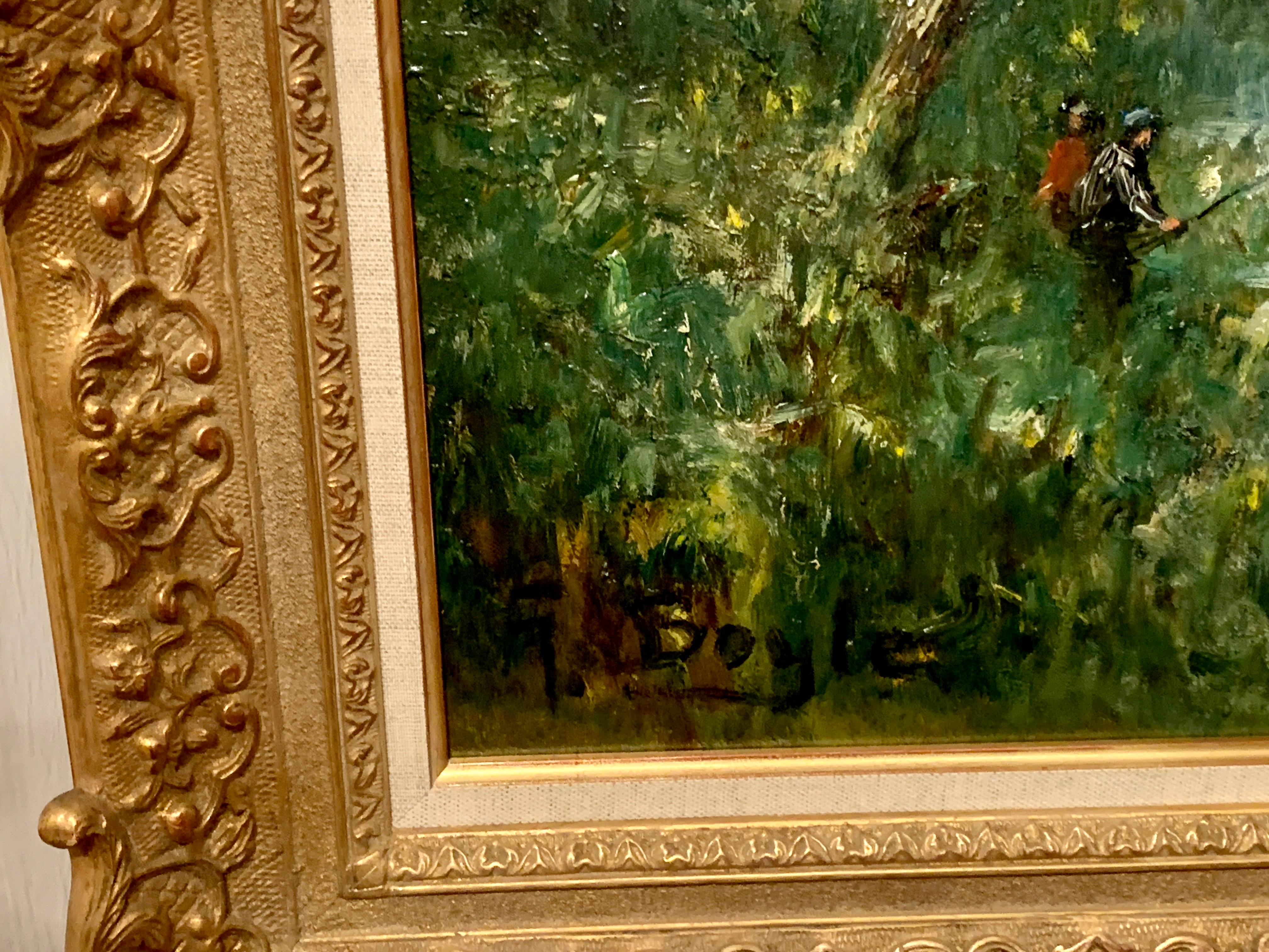 Paesaggio impressionista francese, foresta di Barbizon, Parigi con fiume e mucche - Painting Impressionismo di George Boyle