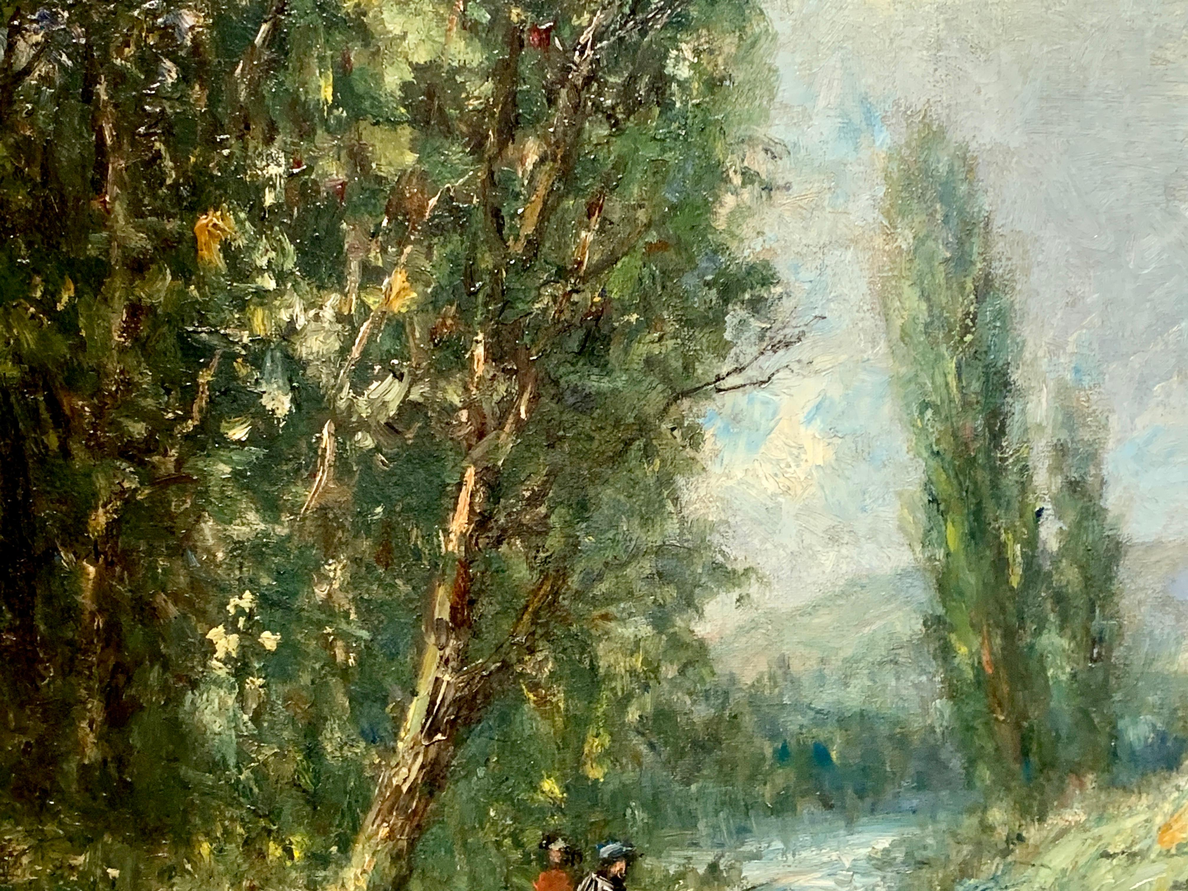 Paysage impressionniste français, forêt de Barbizon, Paris avec rivière et vaches - Marron Landscape Painting par George Boyle