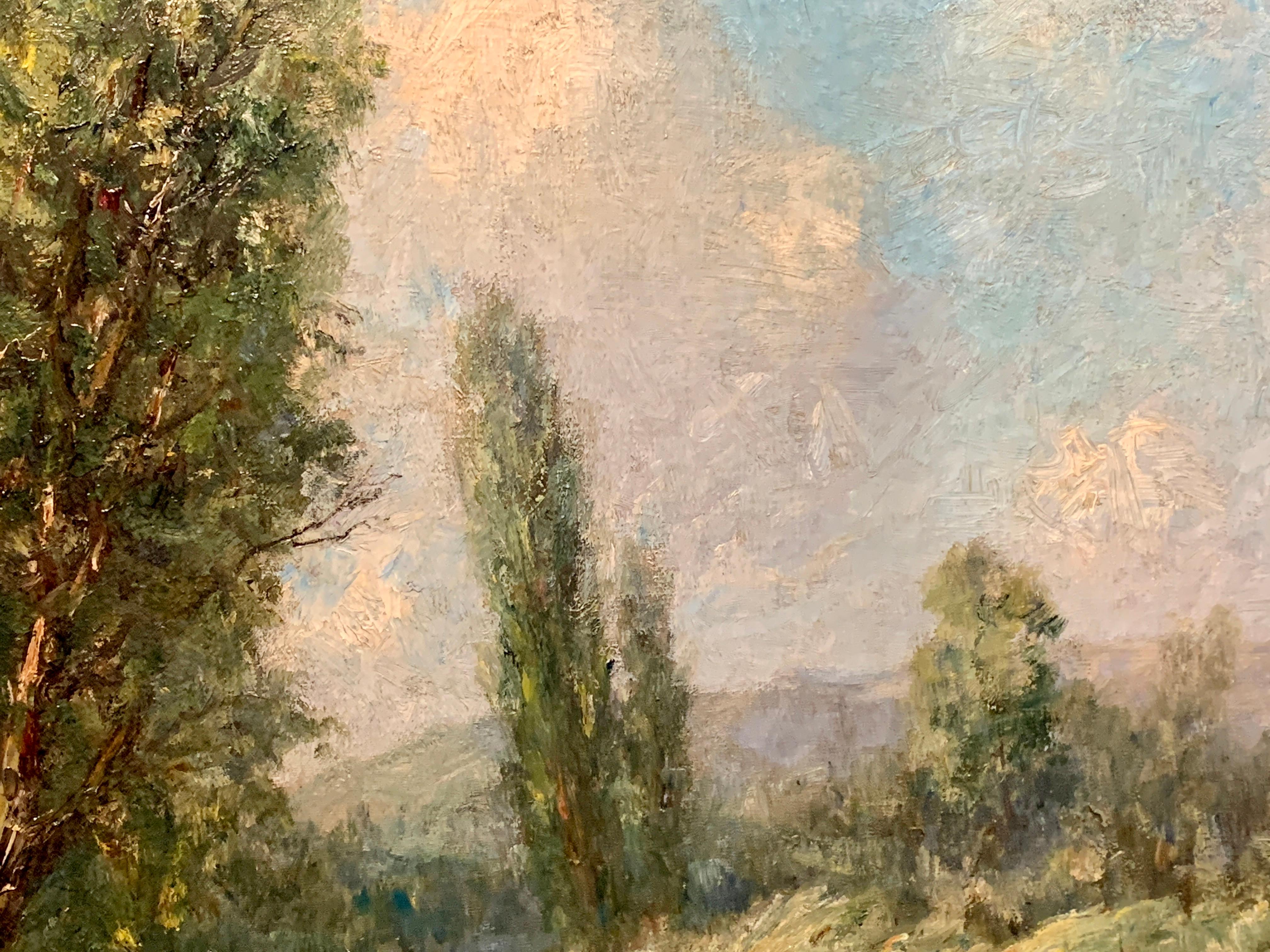 19ème siècle  Scène impressionniste anglaise de la forêt de Barbizon, près de Paris, en France, avec une rivière, des vaches et des arbres.

 Boyle était un artiste britannique pionnier du XIXe siècle, inspiré par les peintres impressionnistes