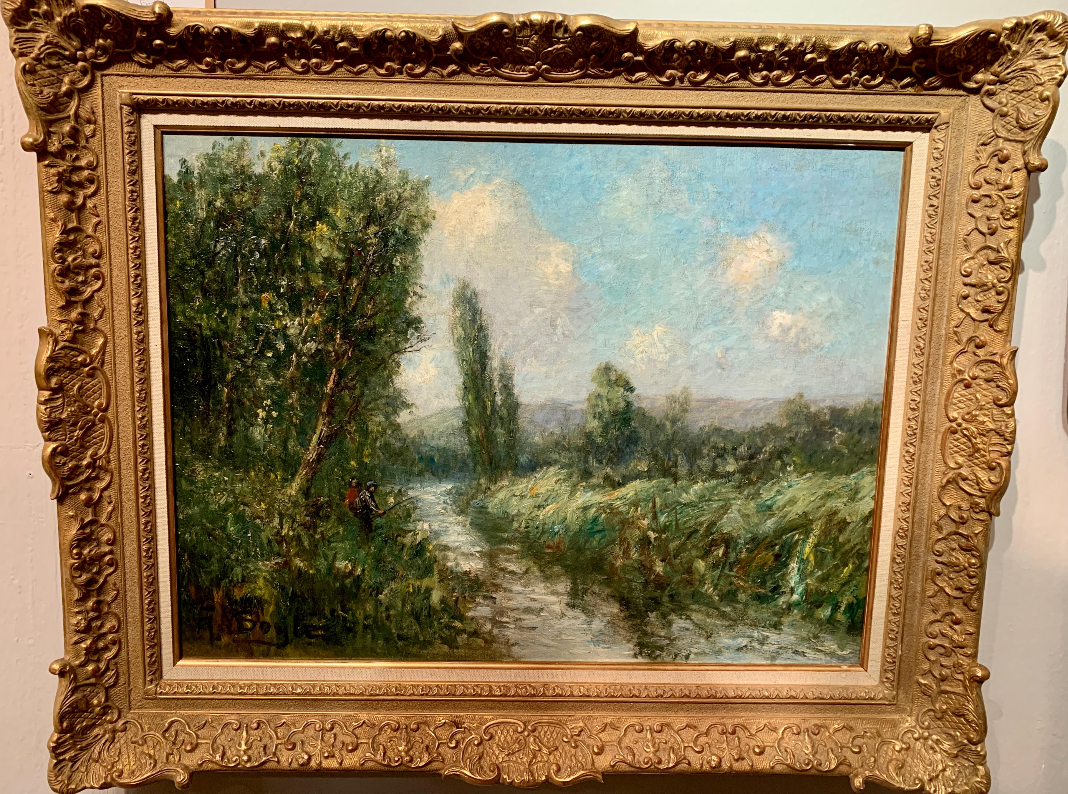 George Boyle Landscape Painting - French impressionist landscape, Barbizon forest, Paris with river and cows