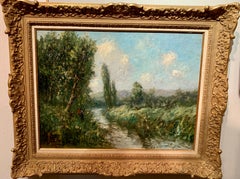 French impressionist landscape, Barbizon forest, Paris with river and cows