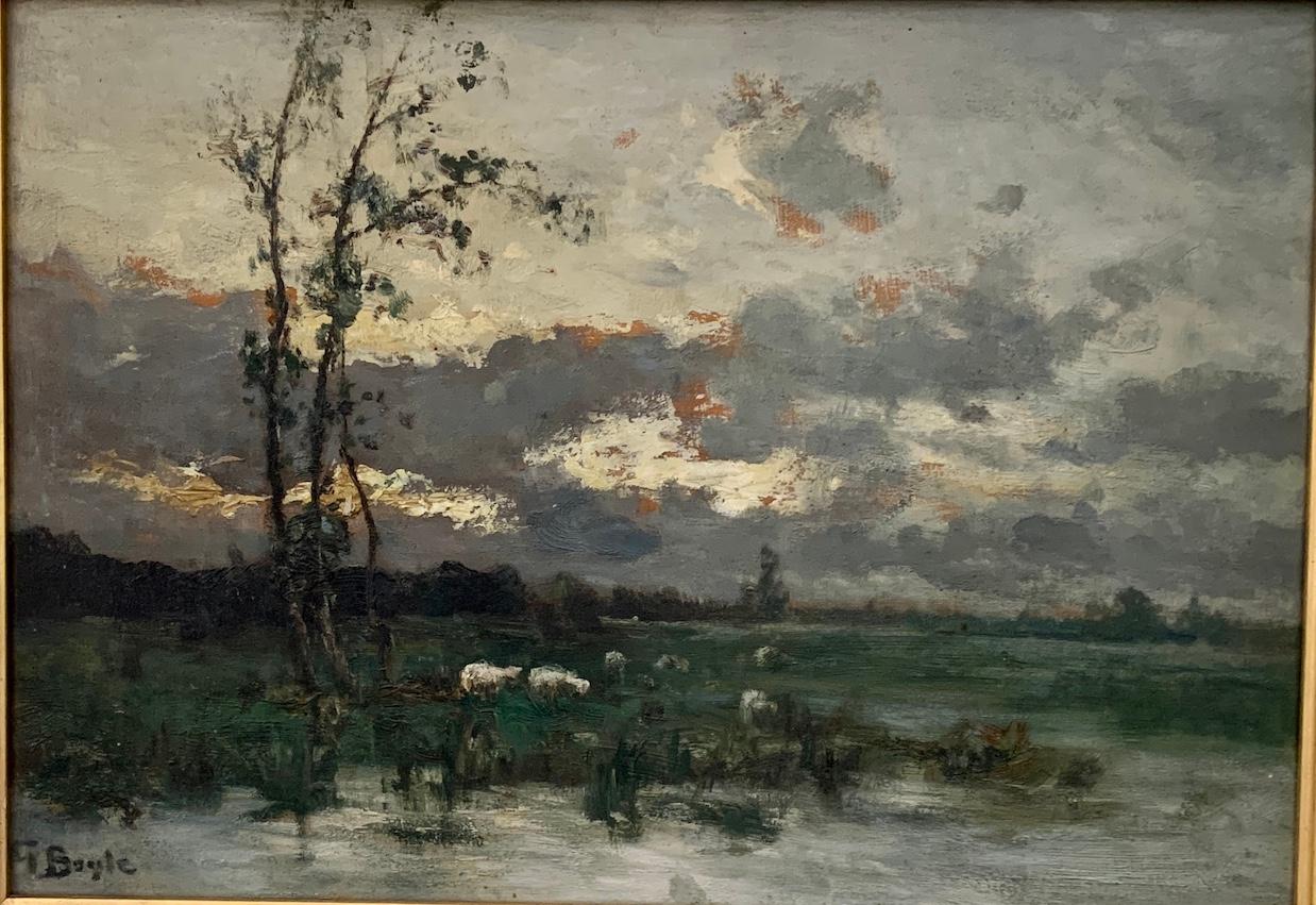 French impressionist landscape, Barbizon forest, with river and cows at Sunset - Painting by George Boyle