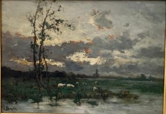 French impressionist landscape, Barbizon forest, with river and cows at Sunset