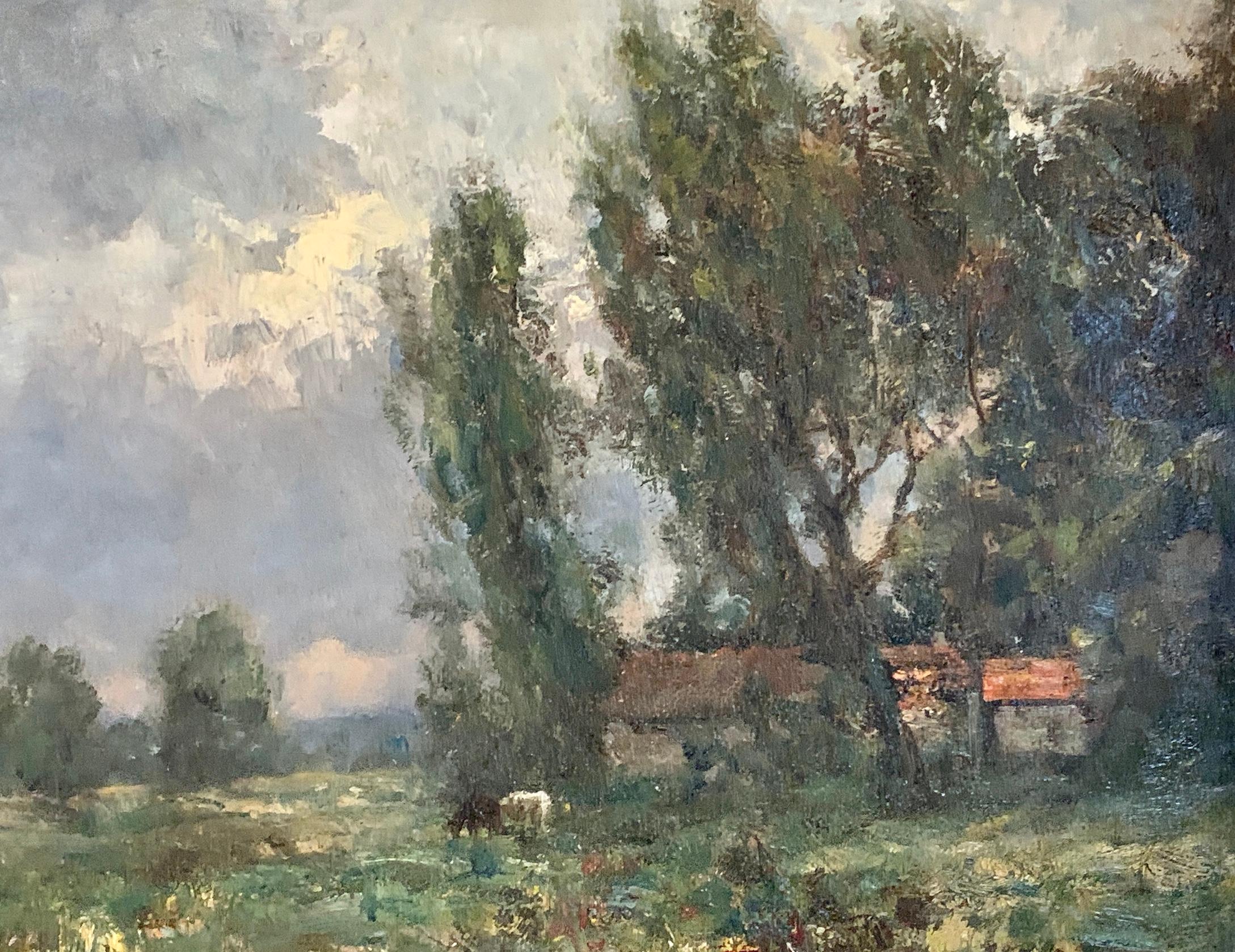 French impressionist landscape, Barbizon forest, with river and cows at Sunset - Painting by George Boyle