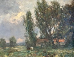 French impressionist landscape, Barbizon forest, with river and cows at Sunset