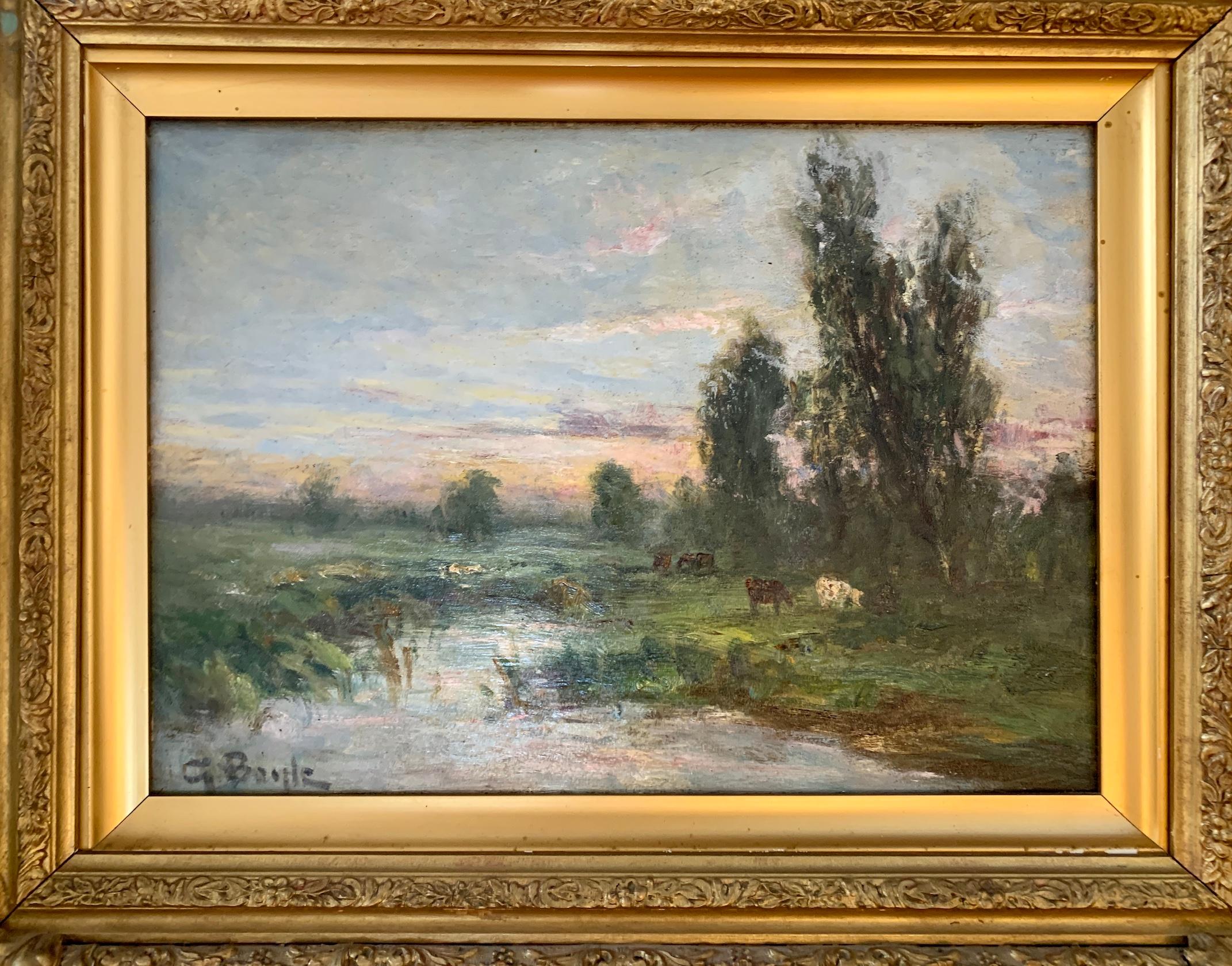 French impressionist landscape, Barbizon forest, with river and cows at Sunset - Painting by George Boyle
